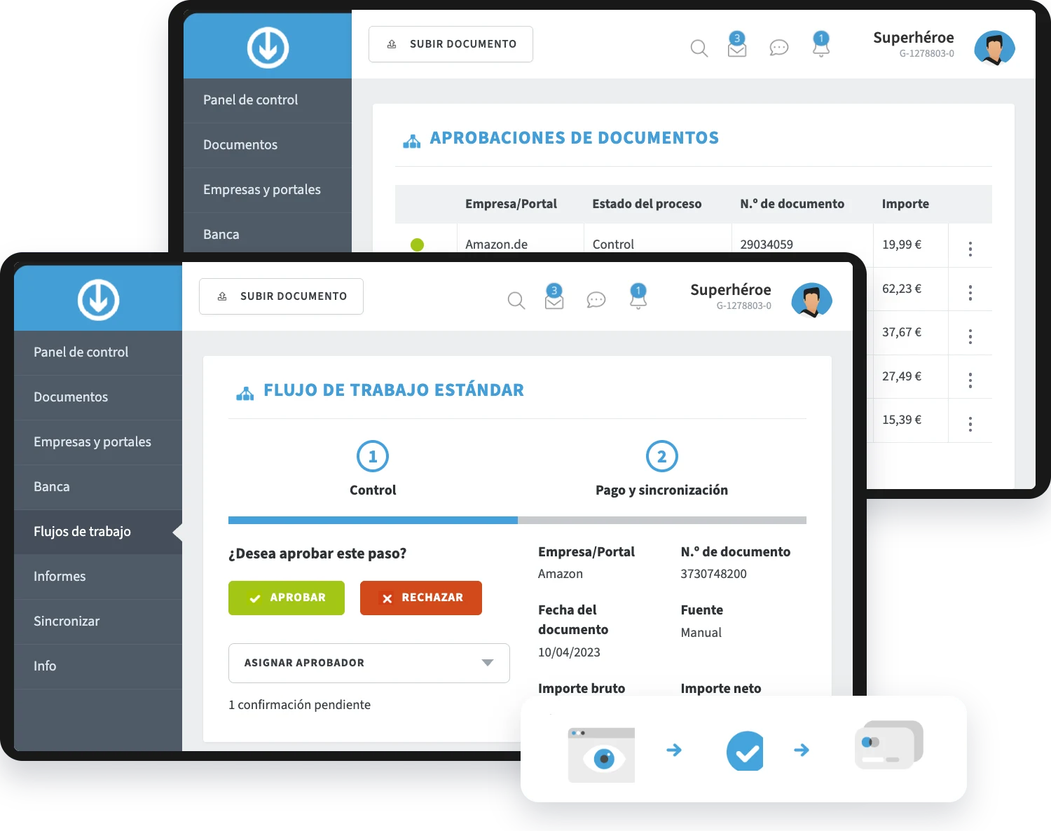 Flujo de trabajo estándar de GetMyInvoices con aprobación por parte de la compradora, el apoderado y la contable