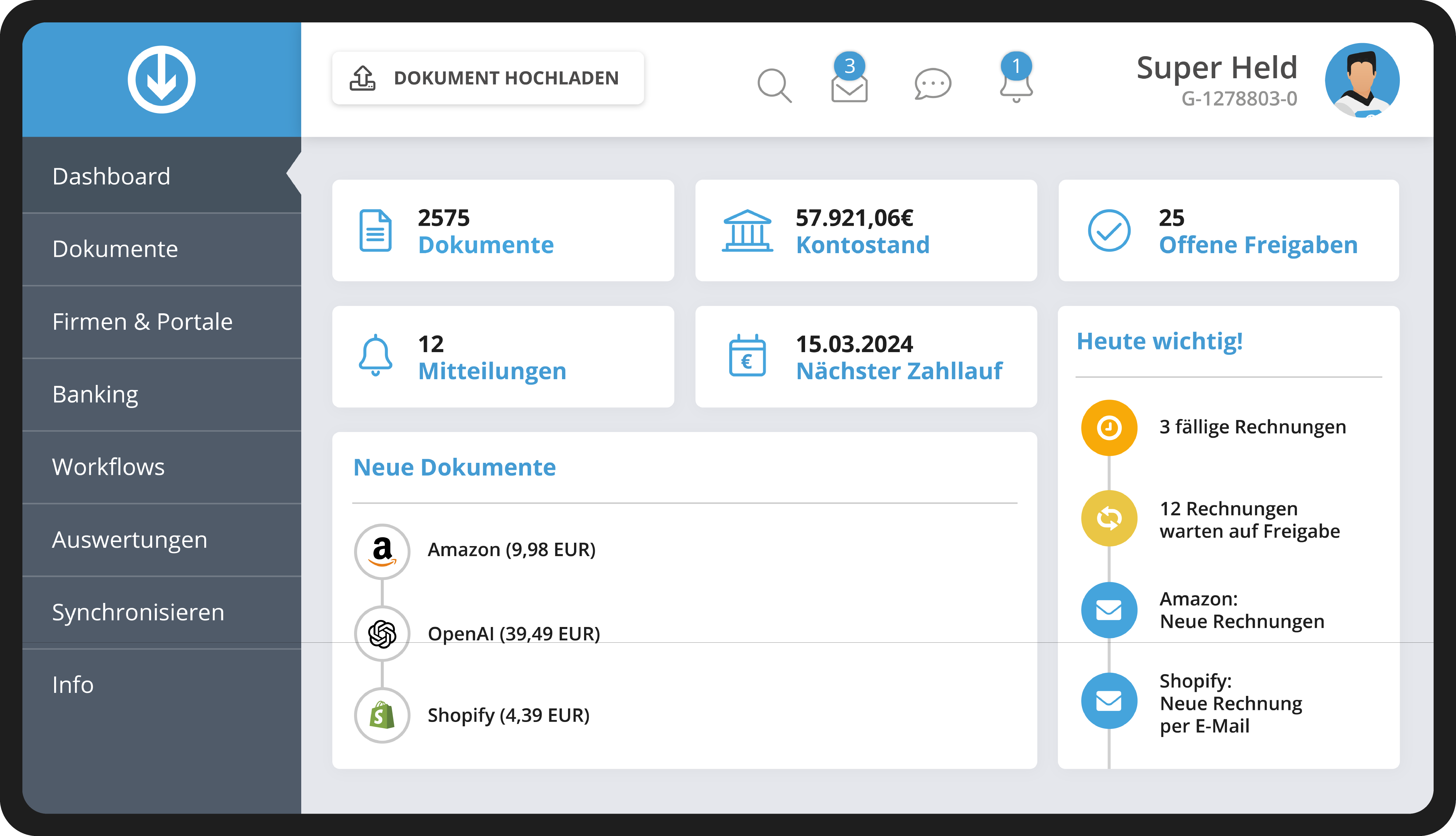 Dashboard di GetMyInvoices con panoramica dei documenti e indicatori chiave