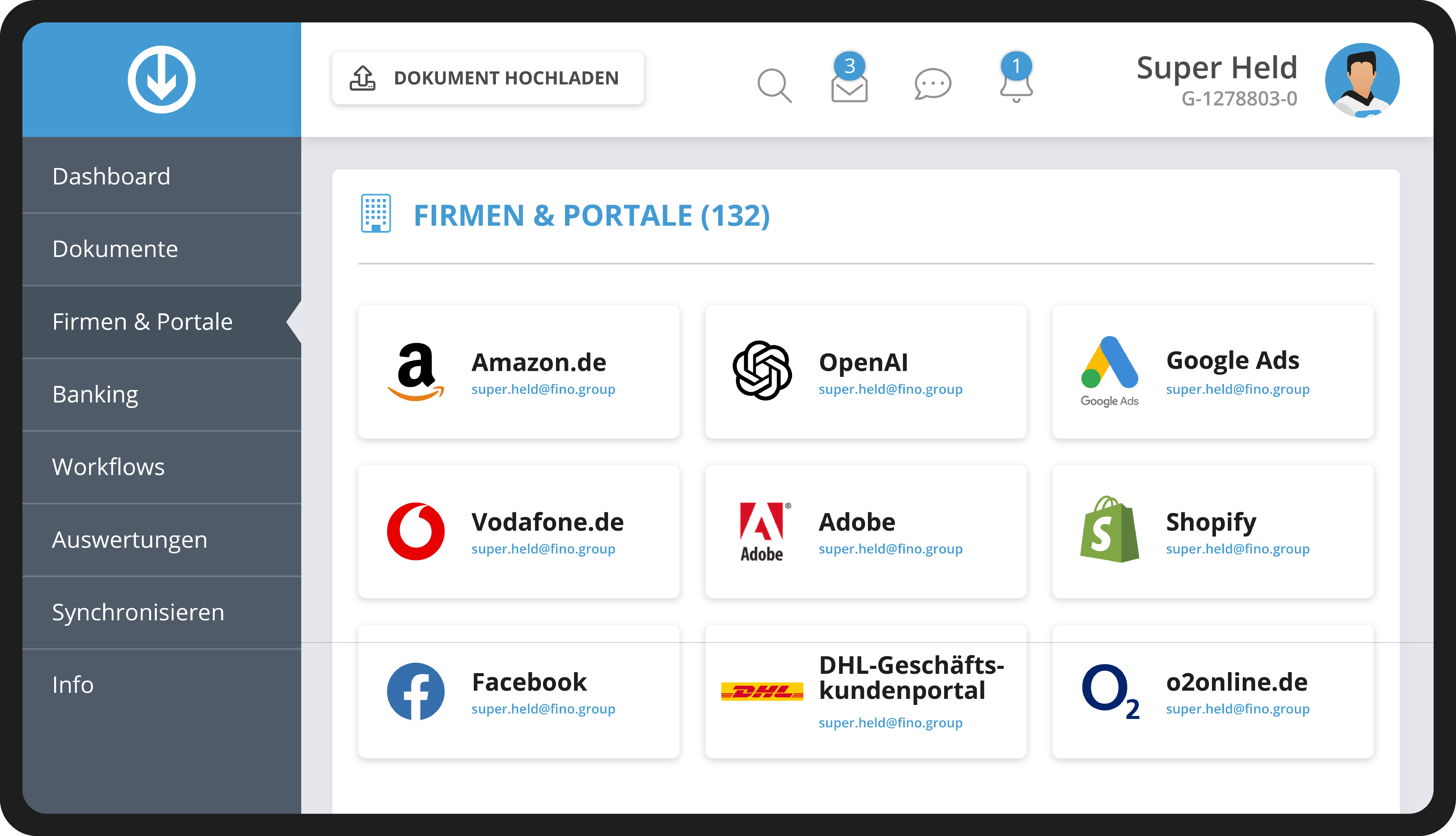 Vista aziende e portali di GetMyInvoices con portali online collegati come Amazon, Adobe e Google Ads