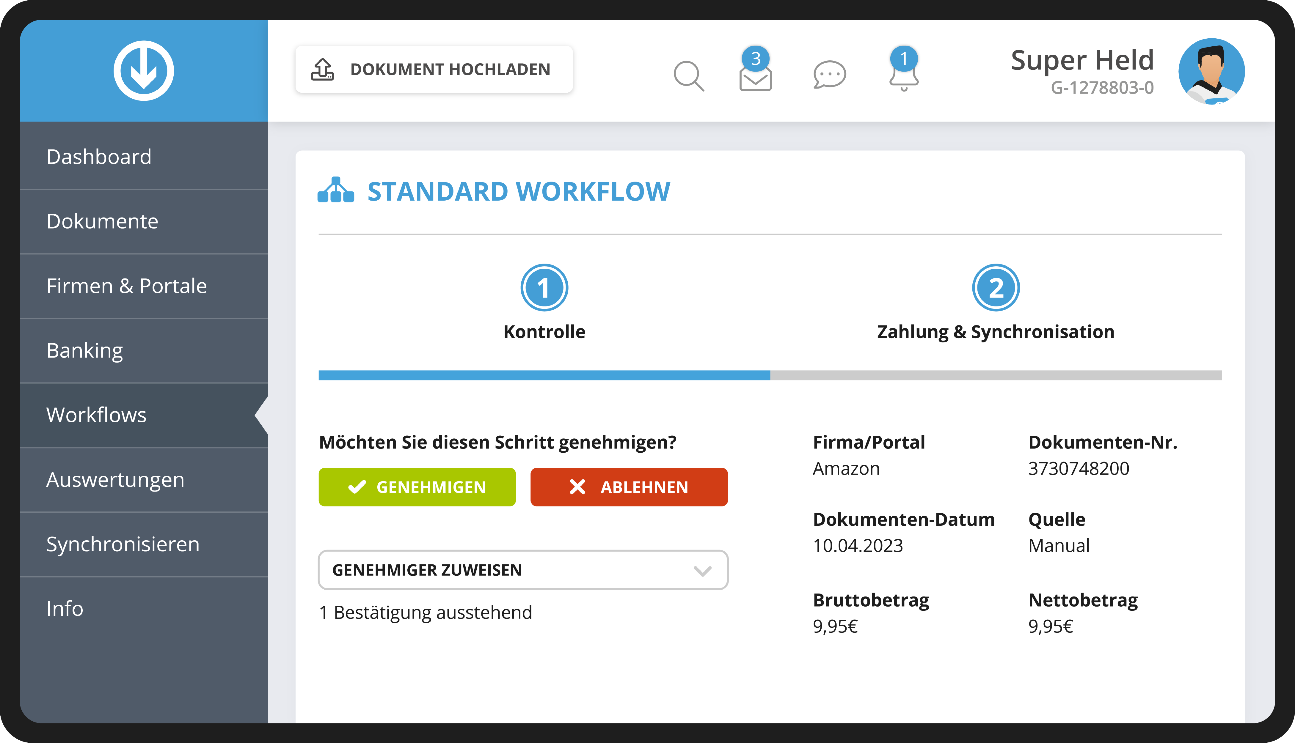 Vista workflow di GetMyInvoices per approvazione e riconciliazione dei pagamenti