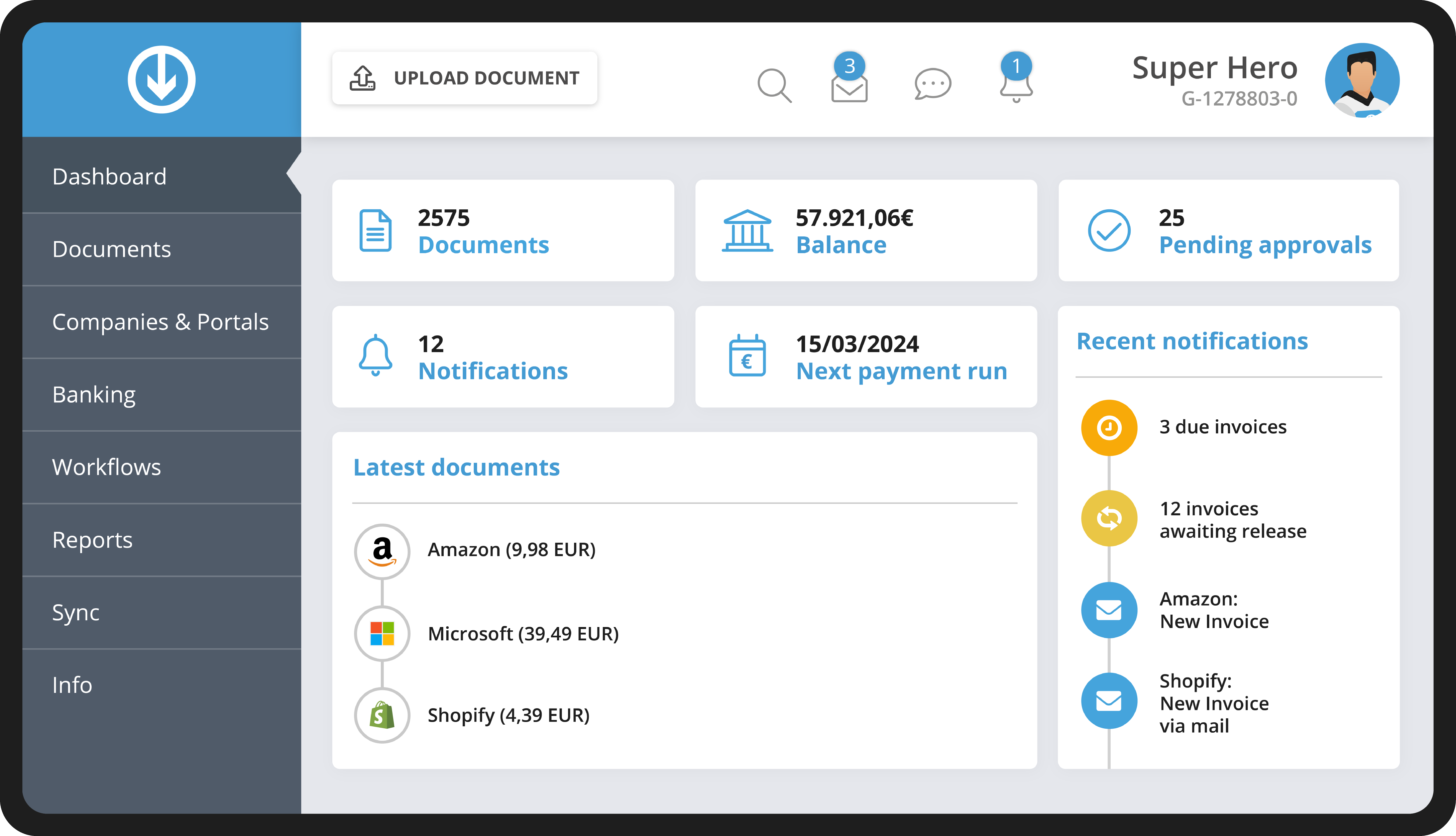 GetMyInvoices dashboard met documentoverzicht en kerngegevens
