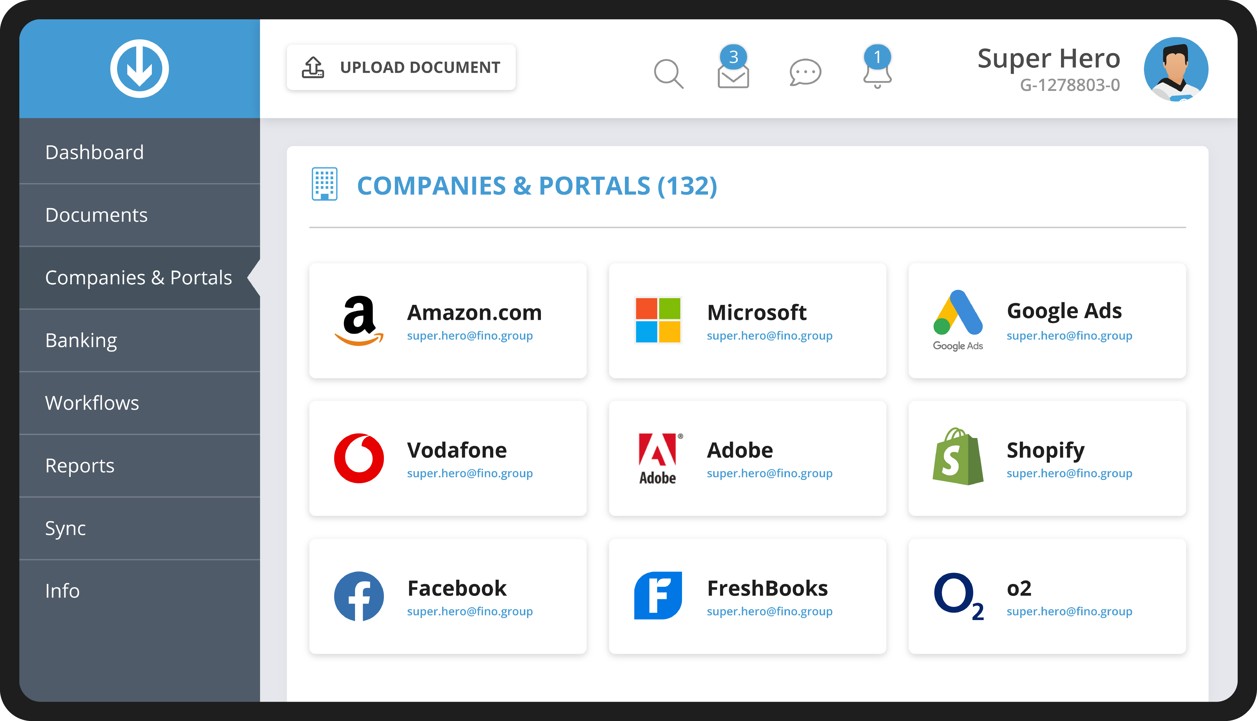 GetMyInvoices bedrijven- en portalenweergave met gekoppelde online portalen zoals Amazon, Adobe en Google Ads