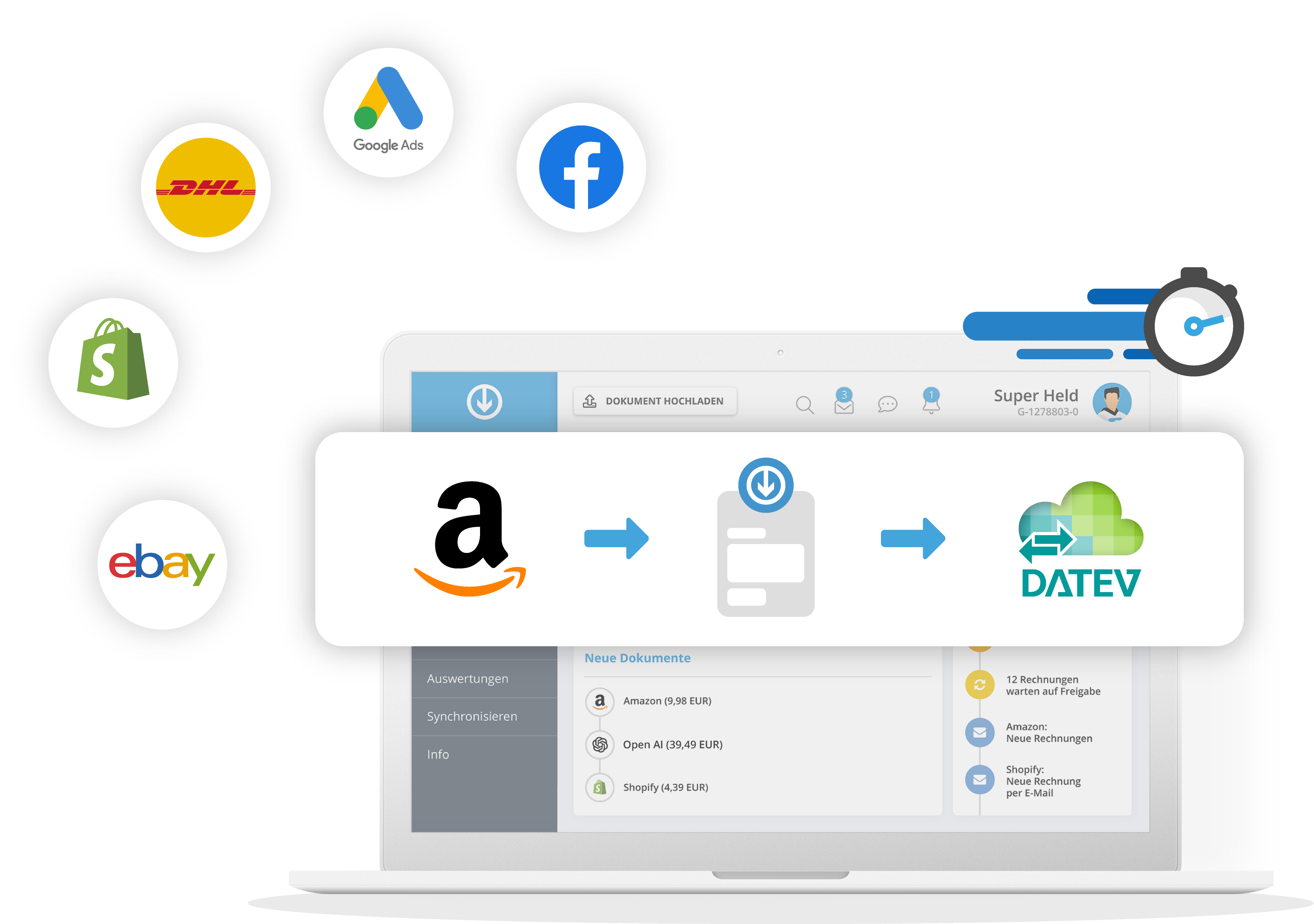 Automatischer Rechnungsimport für Onlineshops aus Portalen wie Amazon, Shopify und eBay mit Übergabe an DATEV