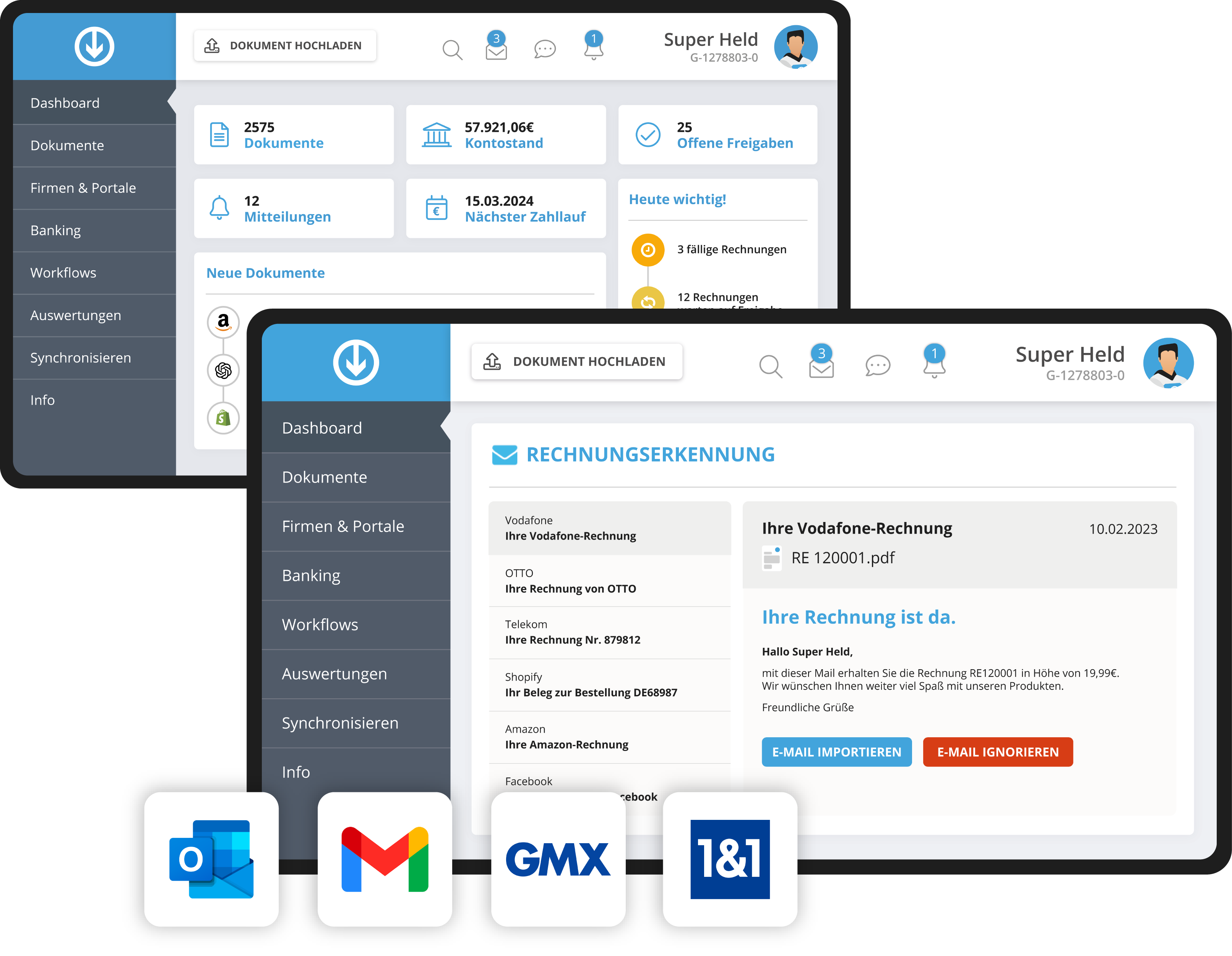 Automatischer Rechnungsimport für Freelancer aus Online-Portalen, E-Mail-Postfächern und per App mit Übergabe an die Buchhaltung