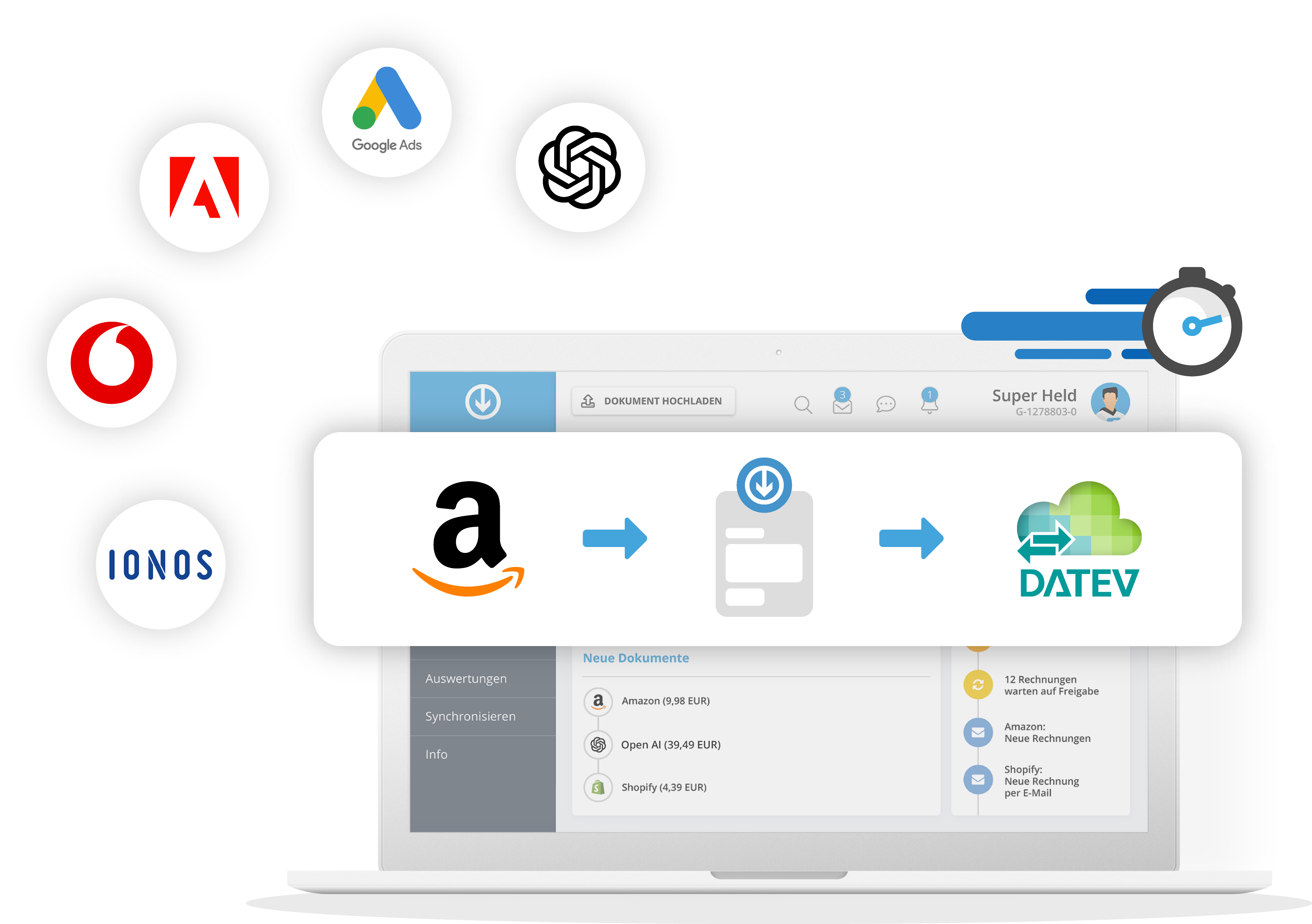 Automatischer Rechnungsimport für Software-Entwickler aus Online-Portalen wie Amazon, Adobe und OpenAI mit Übergabe an DATEV