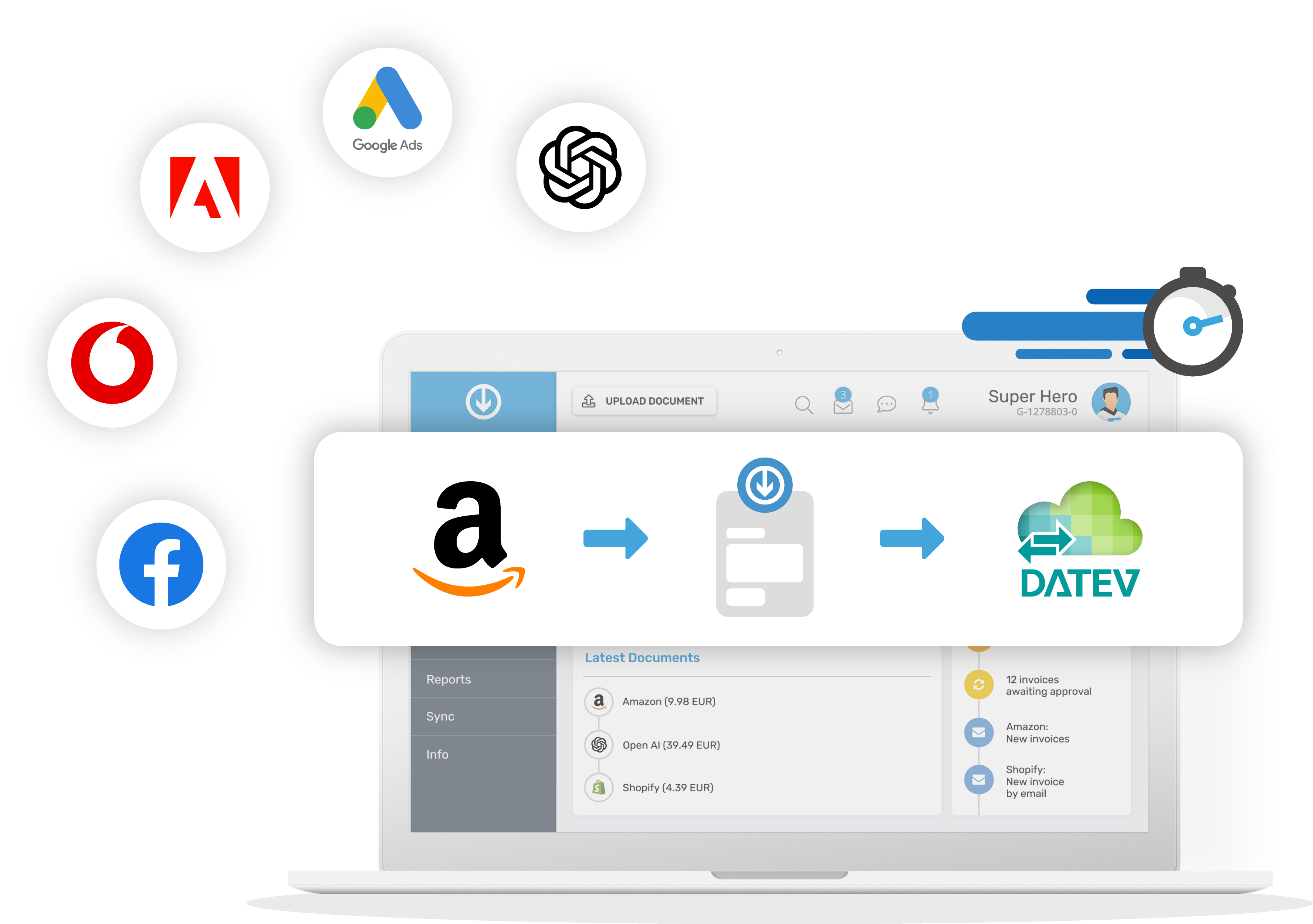 Importazione automatica delle fatture per le agenzie da portali online come Amazon, Adobe e Google Ads con trasferimento a DATEV