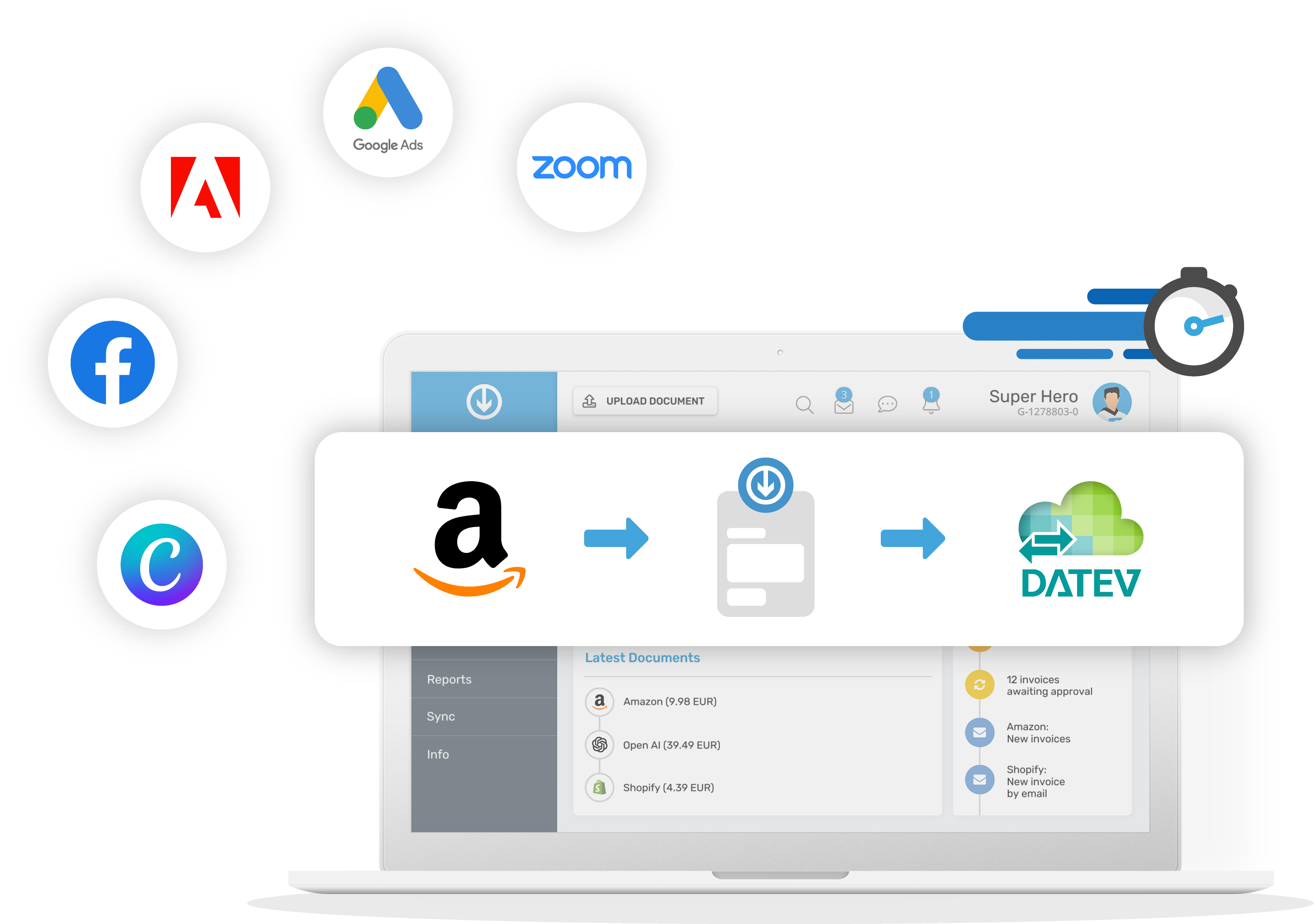 Importazione automatica delle fatture per coach da portali online come Amazon, Adobe e Google Ads con trasferimento alla contabilità