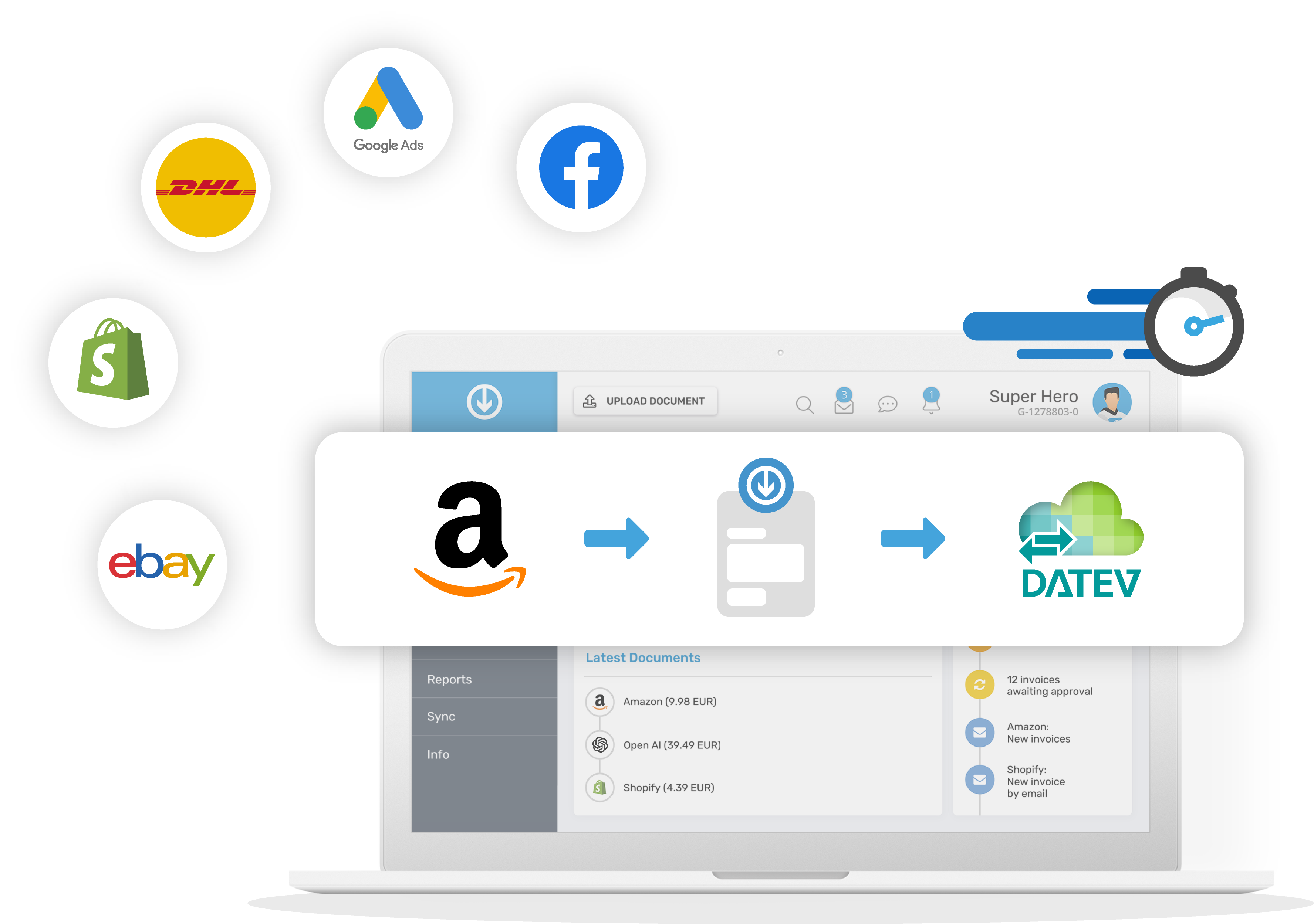 Importazione automatica delle fatture per negozi online da portali come Amazon, Shopify ed eBay con trasferimento a DATEV