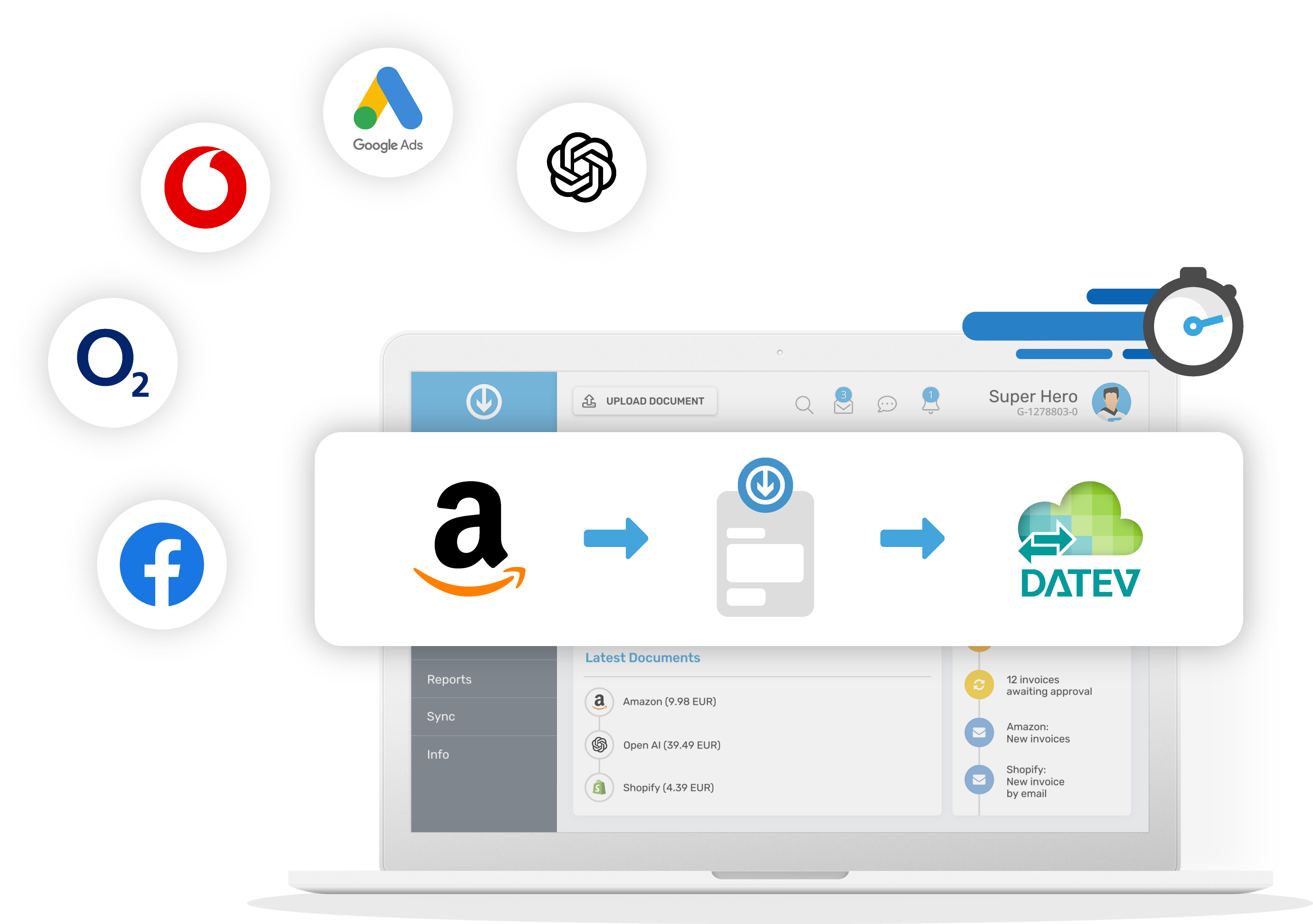 Importazione automatica delle fatture per i servizi di assistenza da portali online come Amazon, Vodafone, Adobe, Google Ads e OpenAI con trasferimento a DATEV