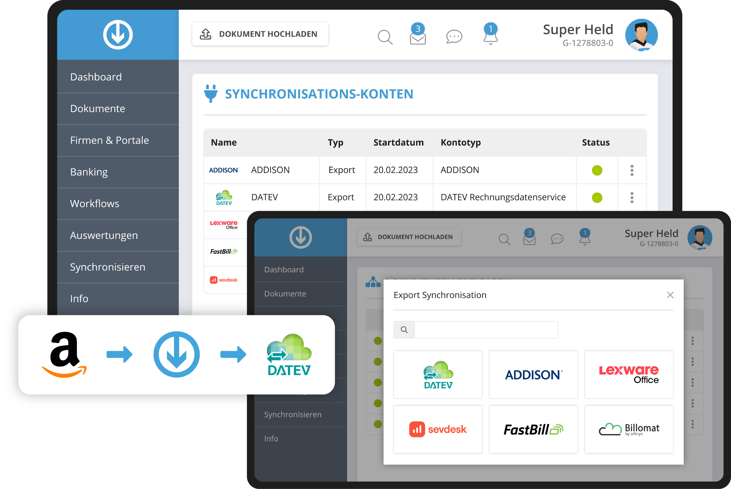 Account di sincronizzazione GetMyInvoices con esportazioni verso ADDISON, DATEV, Lexware Office, sevdesk, FastBill e Billomat