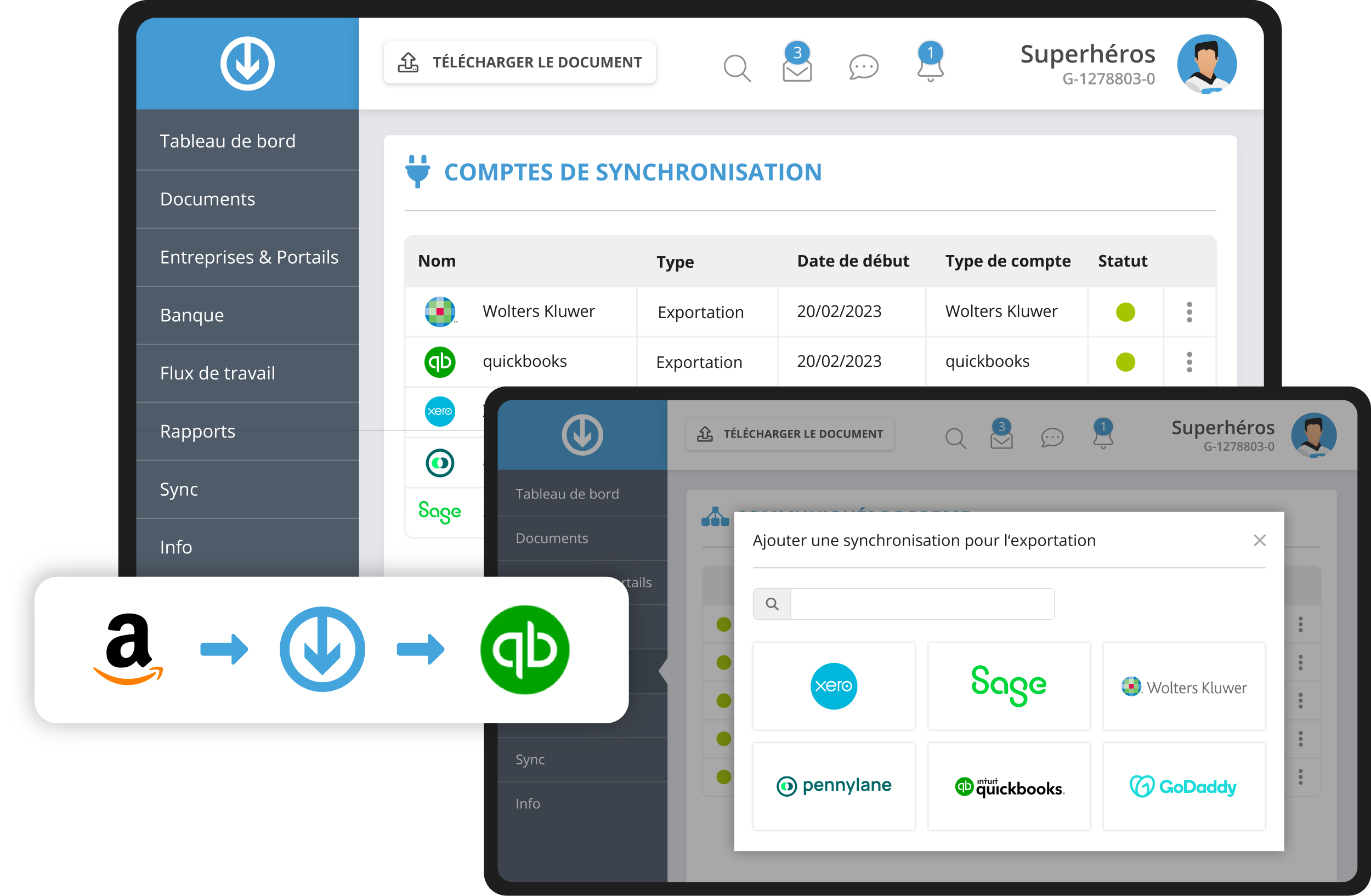 Comptes de synchronisation GetMyInvoices avec exports vers ADDISON, DATEV, Lexware Office, sevdesk, FastBill et Billomat