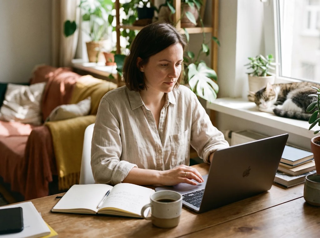 Freelance al lavoro sul laptop in home office