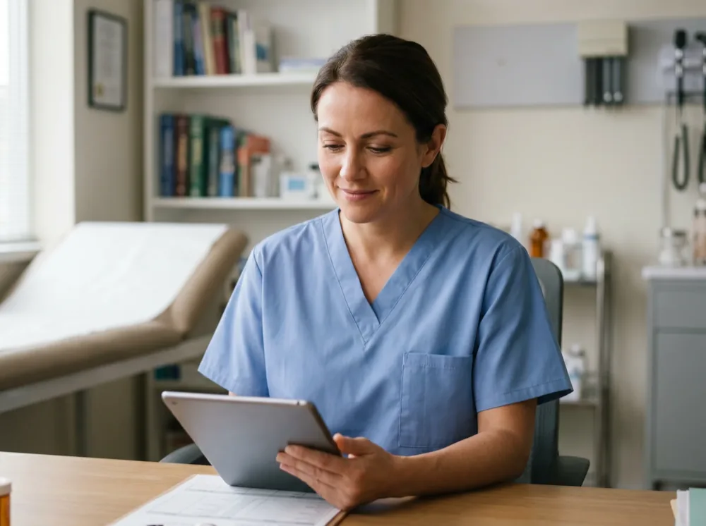 Operatore sanitario che utilizza un tablet in uno studio
