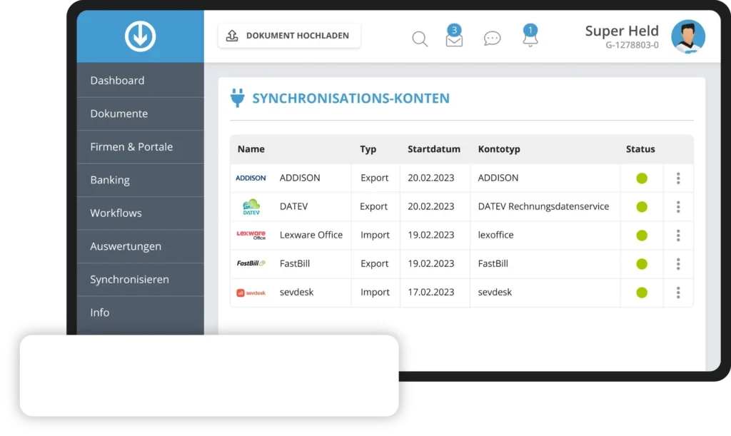 GetMyInvoices Synchronisations-Konten mit Integrationen zu Buchhaltung und DMS