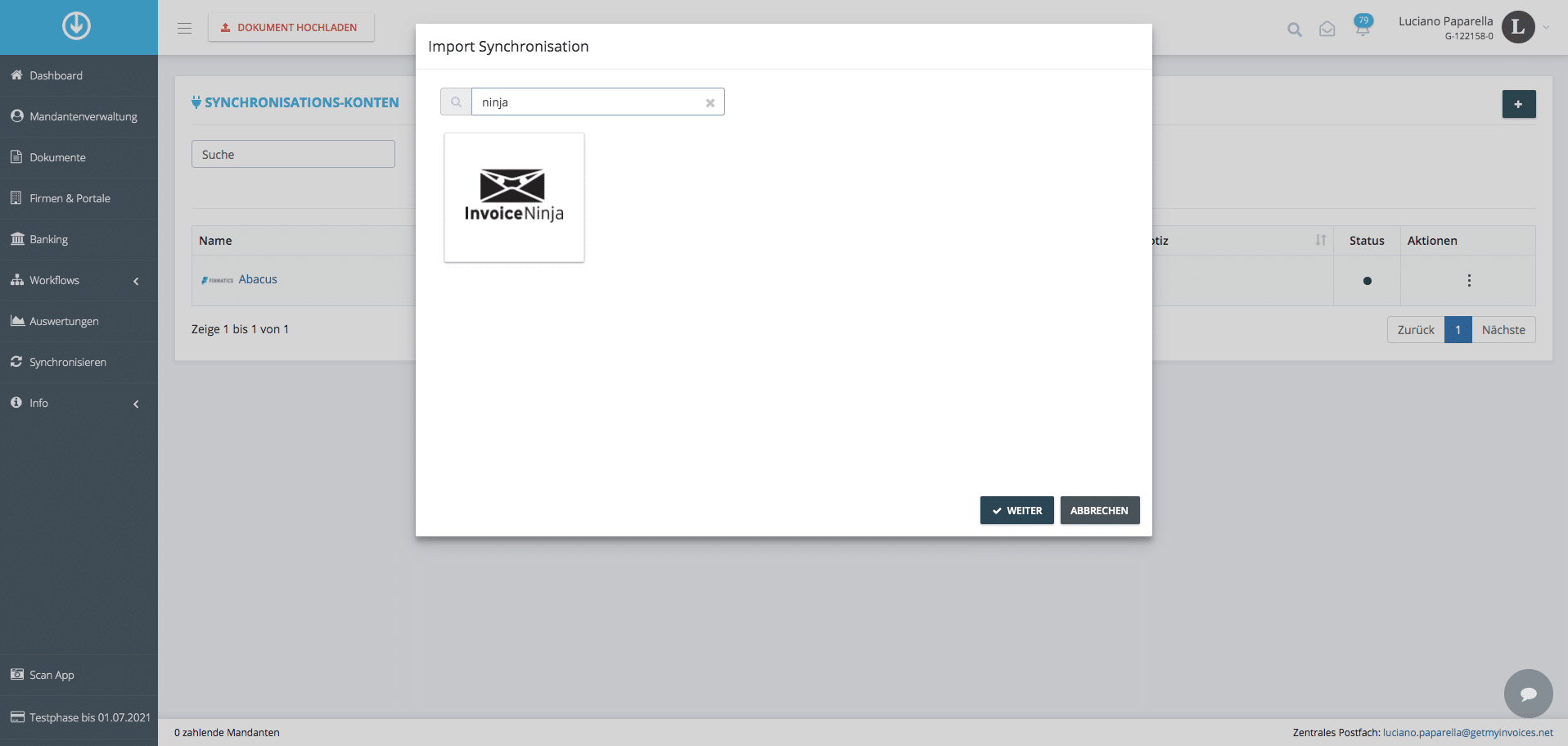 Schritt in GetMyInvoices für die Invoice Ninja-Integration