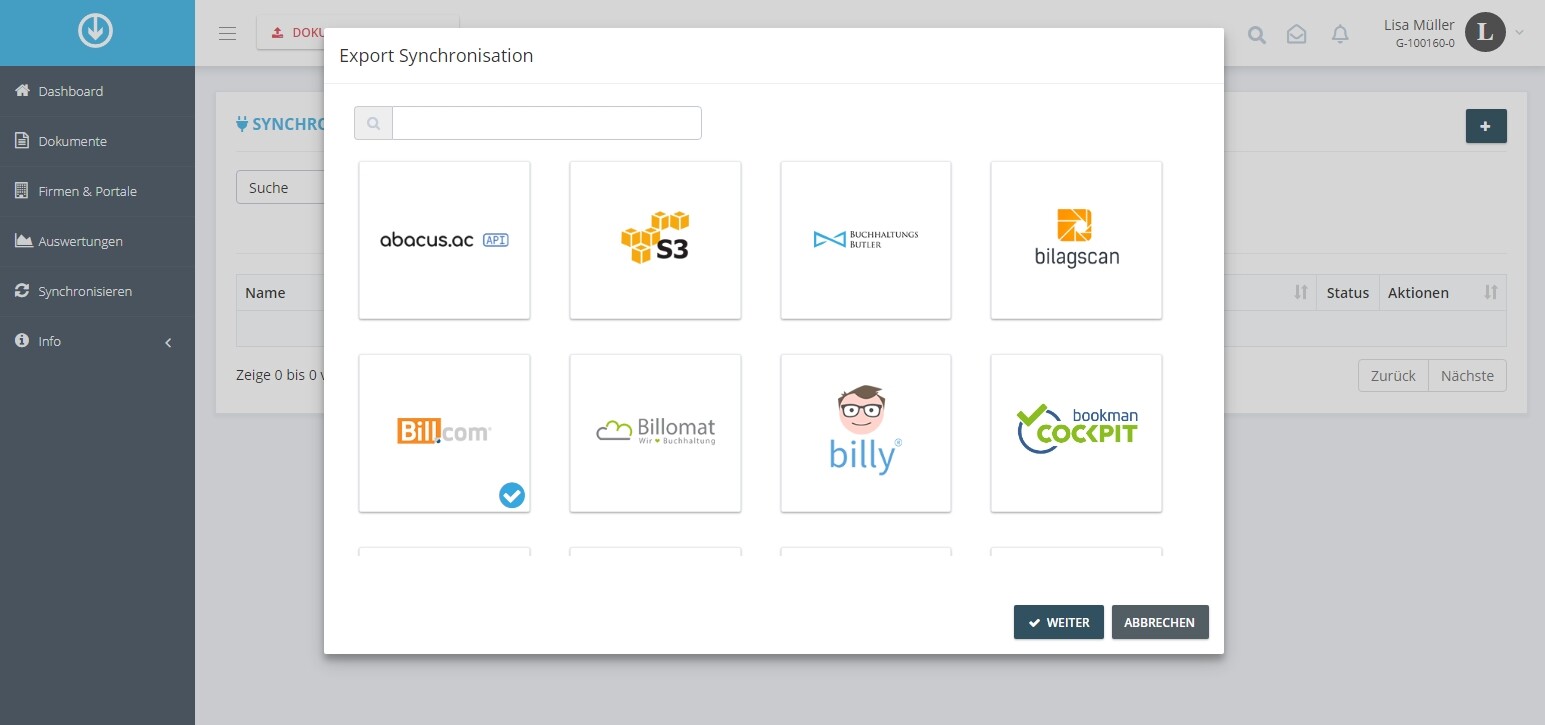 Schritt in GetMyInvoices für die BILL-Integration