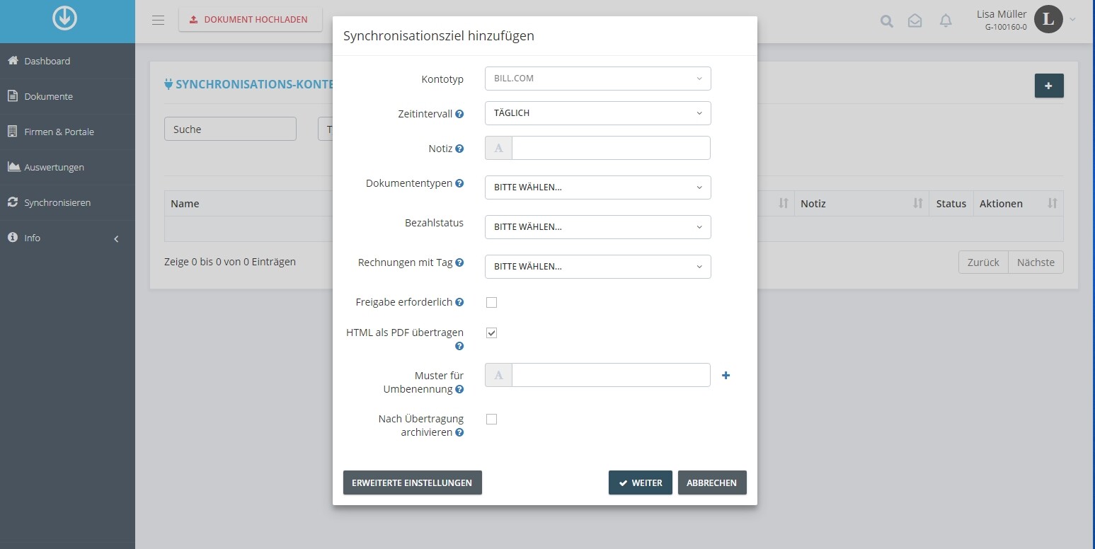 Schritt in GetMyInvoices für die BILL-Integration
