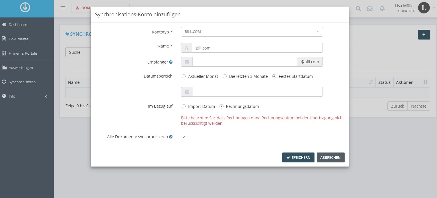 Schritt in GetMyInvoices für die BILL-Integration