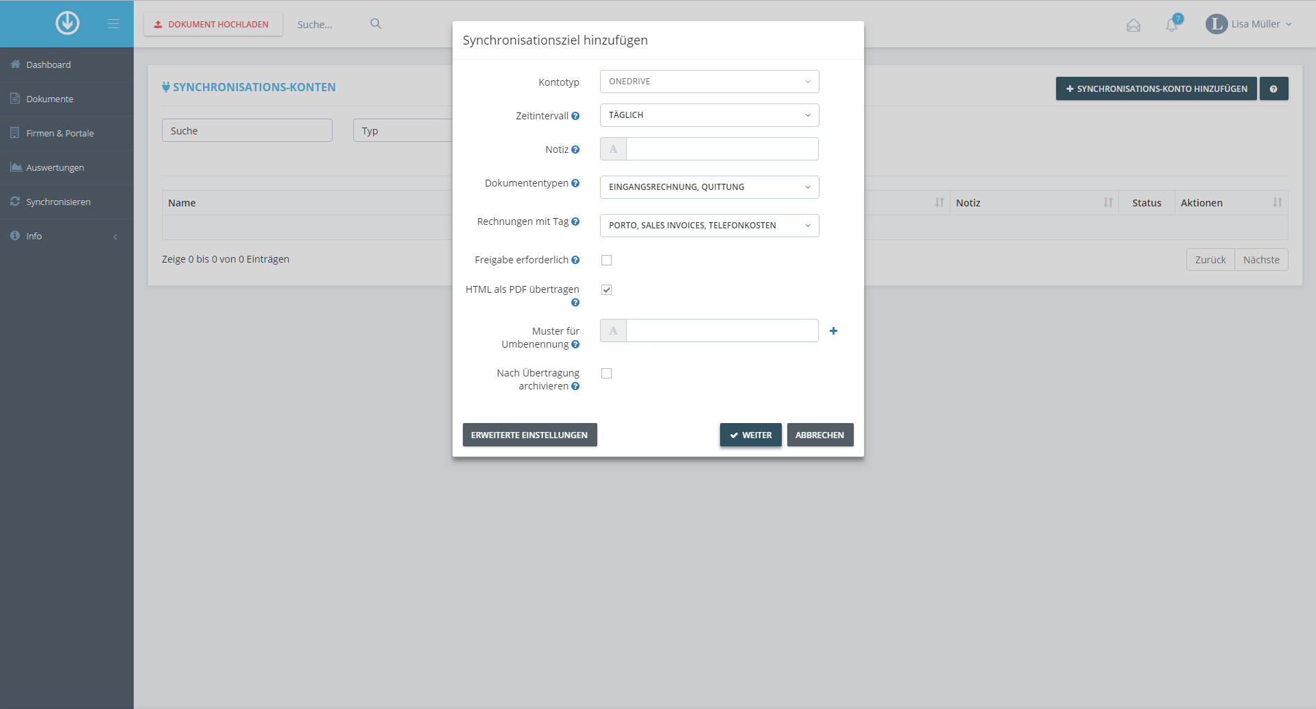 Schritt in GetMyInvoices für die OneDrive-Integration