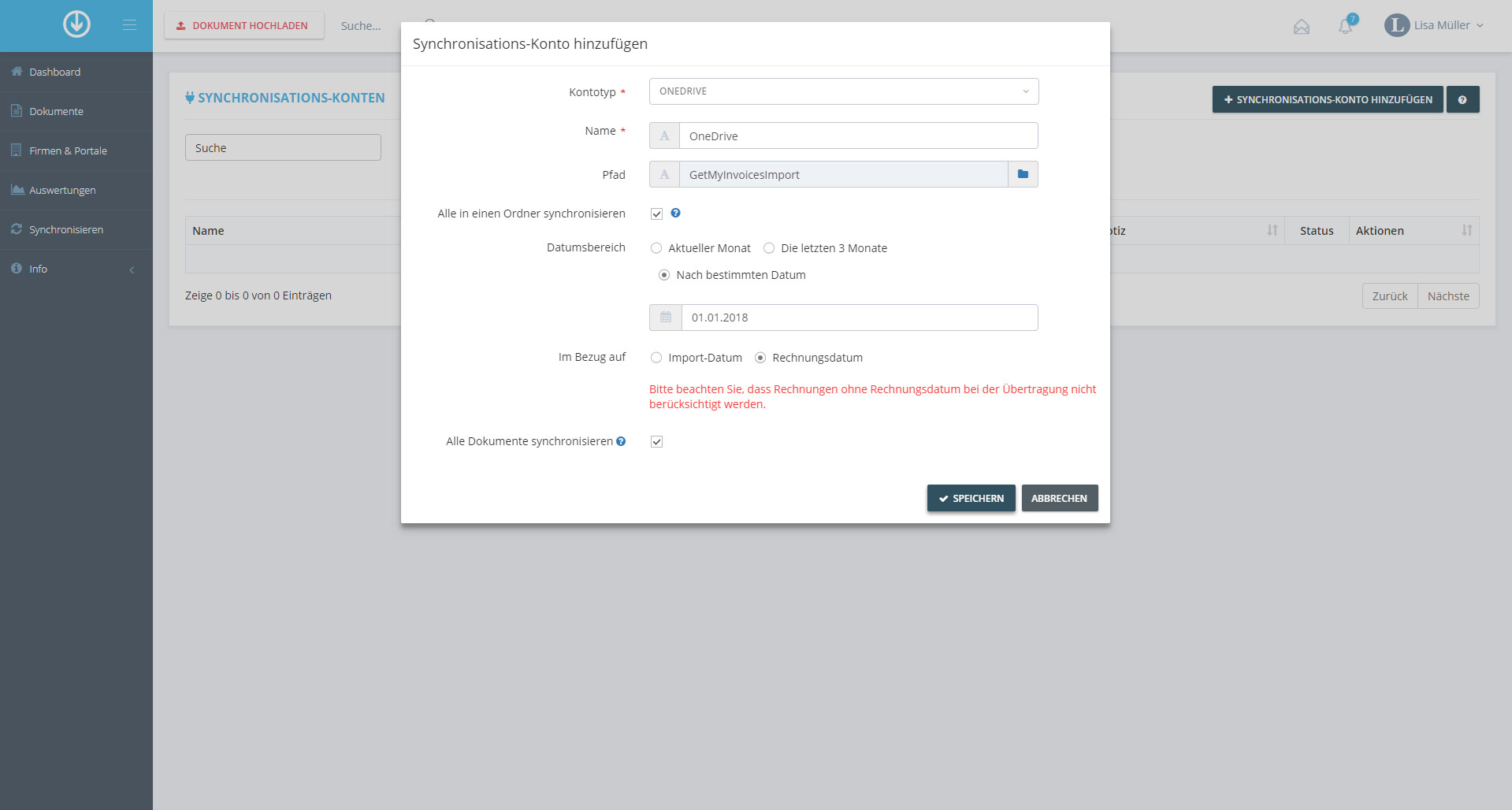 Schritt in GetMyInvoices für die OneDrive-Integration