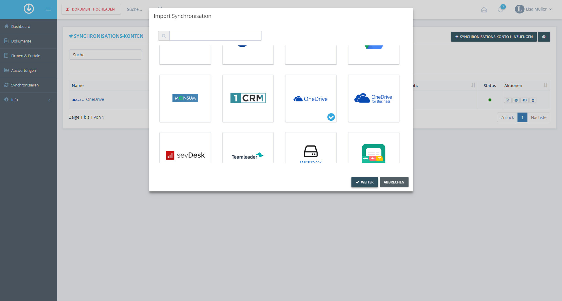 Schritt in GetMyInvoices für die OneDrive-Integration