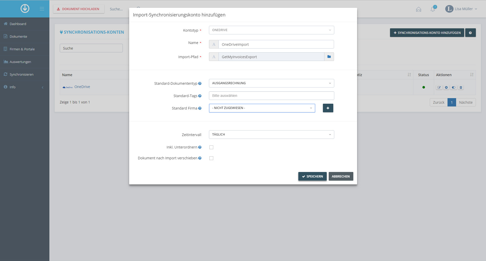 Schritt in GetMyInvoices für die OneDrive-Integration