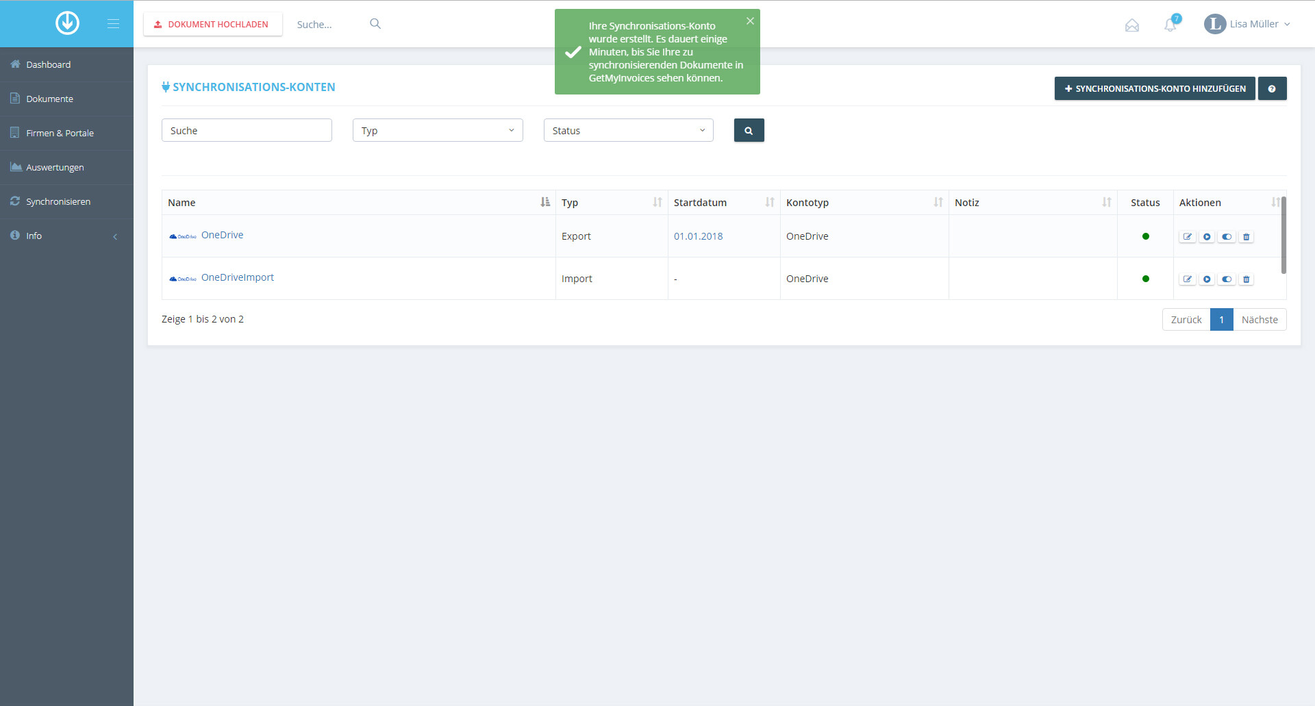Schritt in GetMyInvoices für die OneDrive-Integration