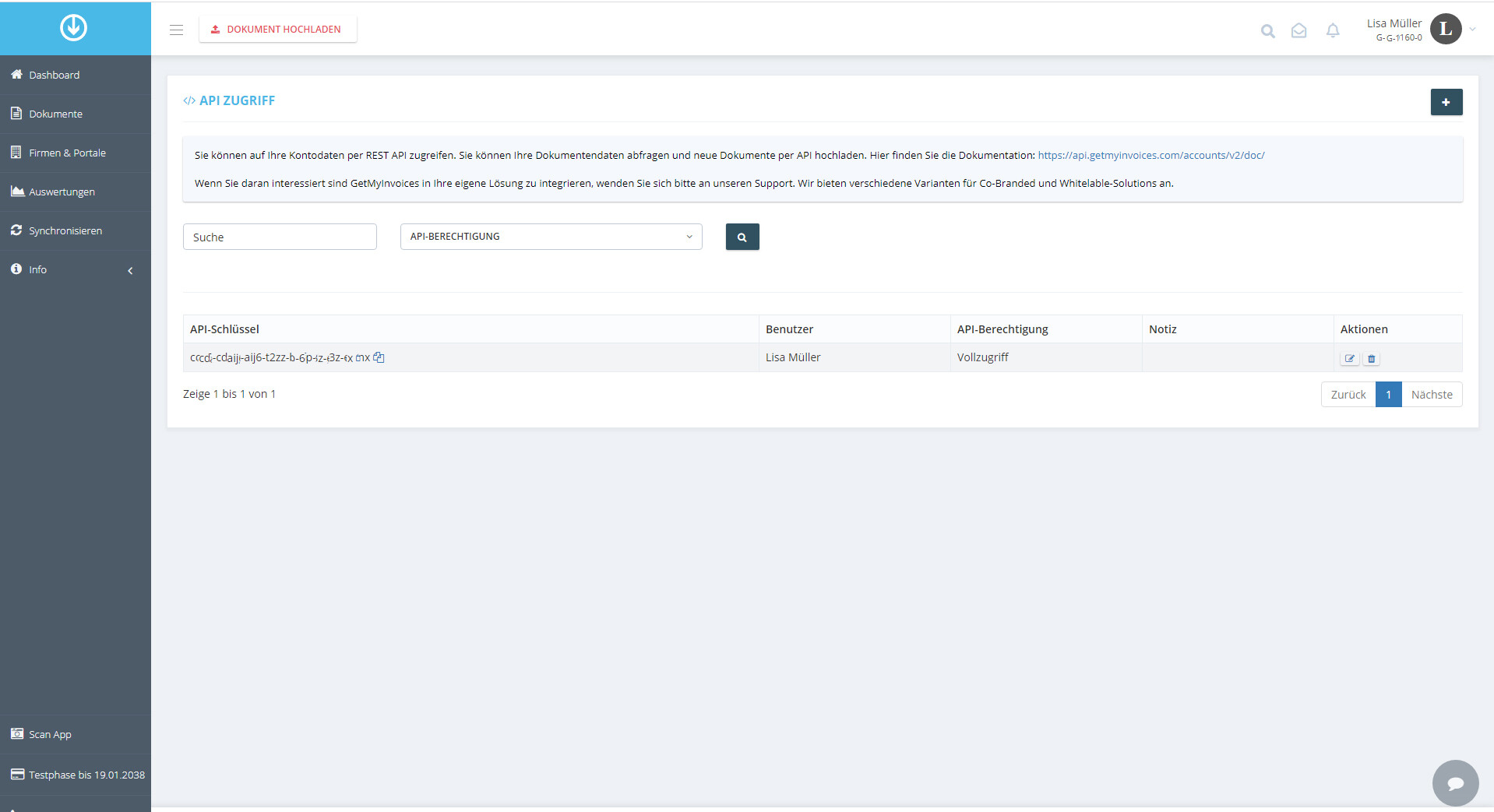 Schritt in GetMyInvoices für die zapier-Integration