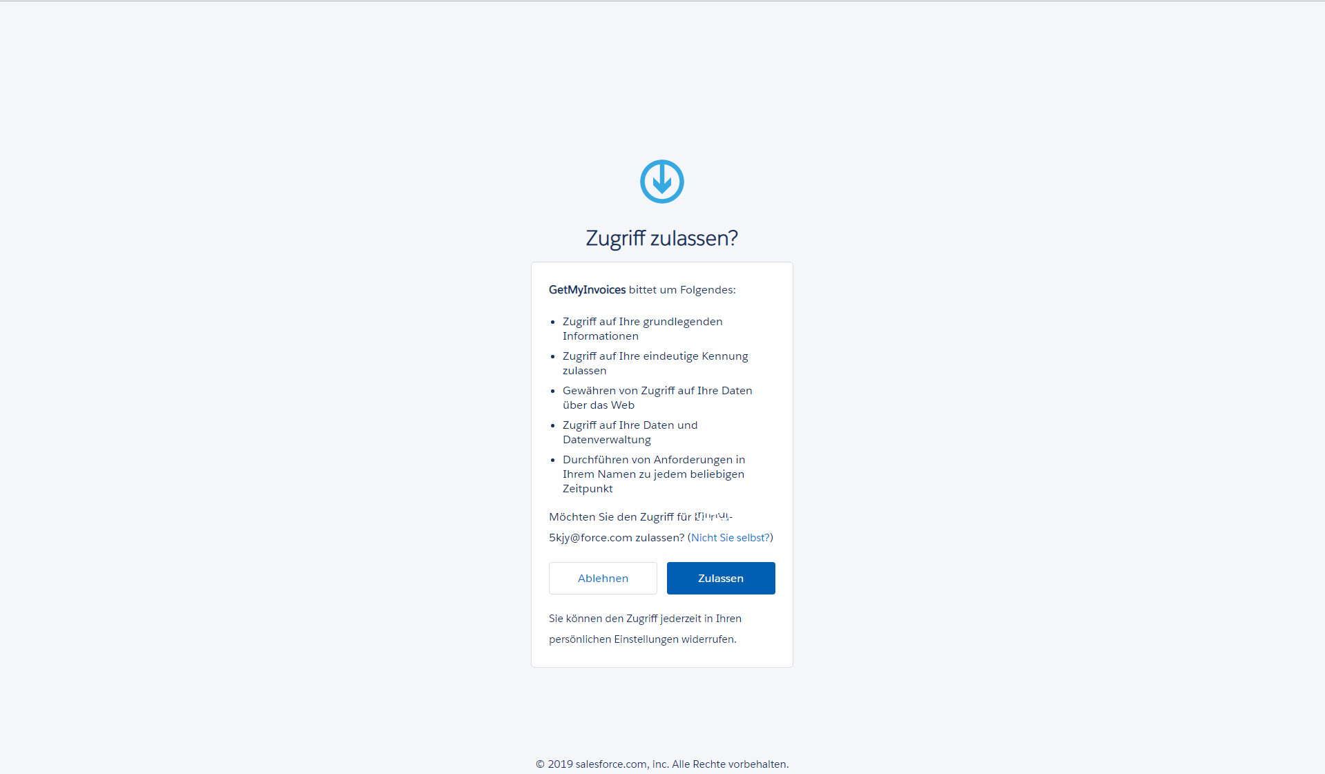 Schritt in GetMyInvoices für die Salesforce-Integration