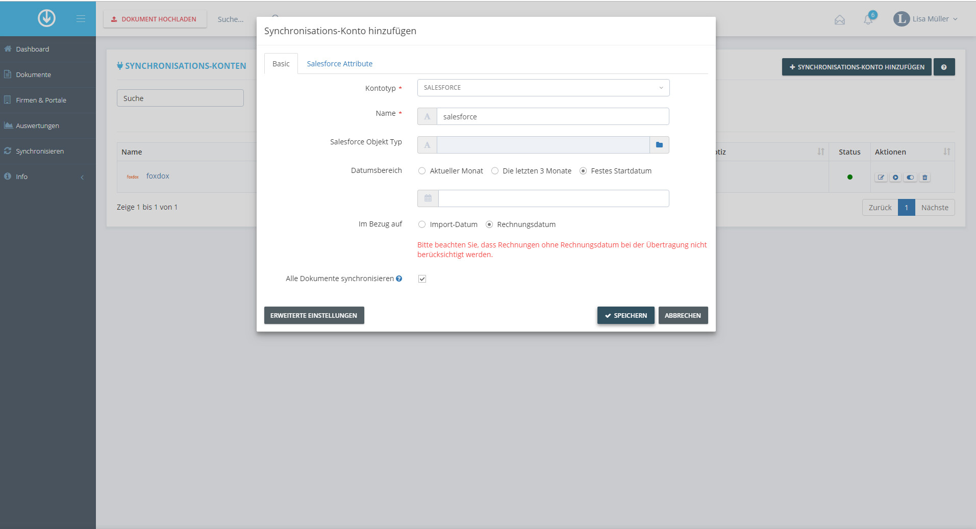 Schritt in GetMyInvoices für die Salesforce-Integration