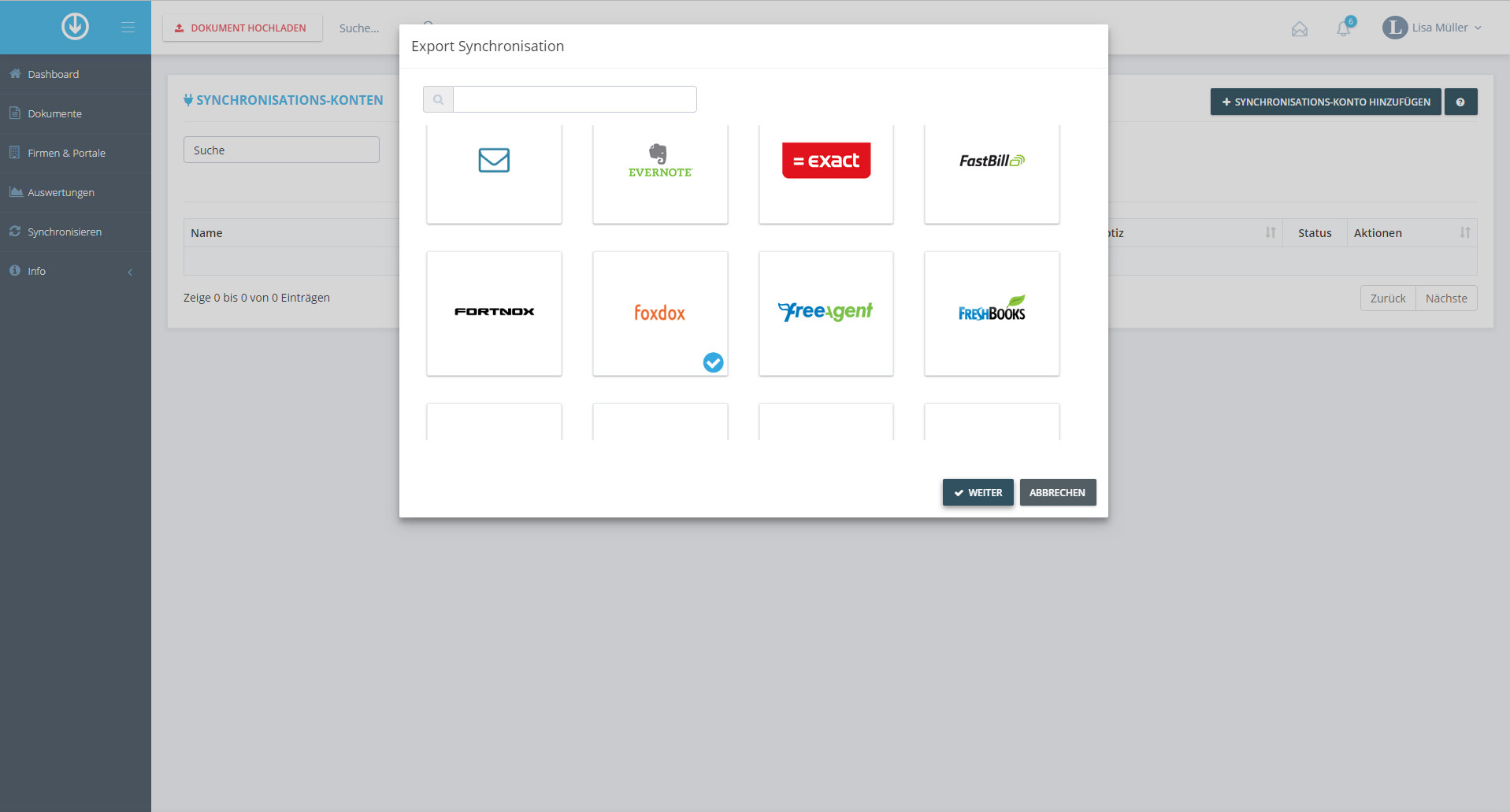 Schritt in GetMyInvoices für die foxdox-Integration