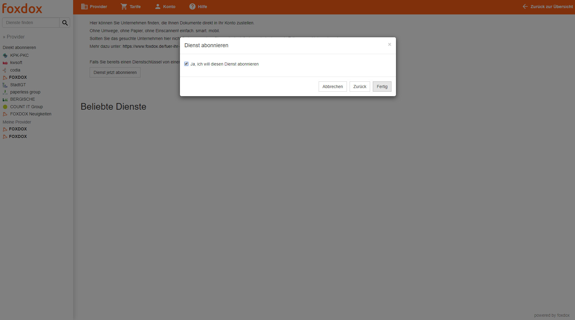 Schritt in GetMyInvoices für die foxdox-Integration