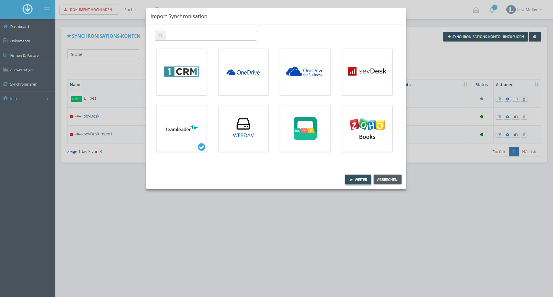 Schritt in GetMyInvoices für die Teamleader-Integration