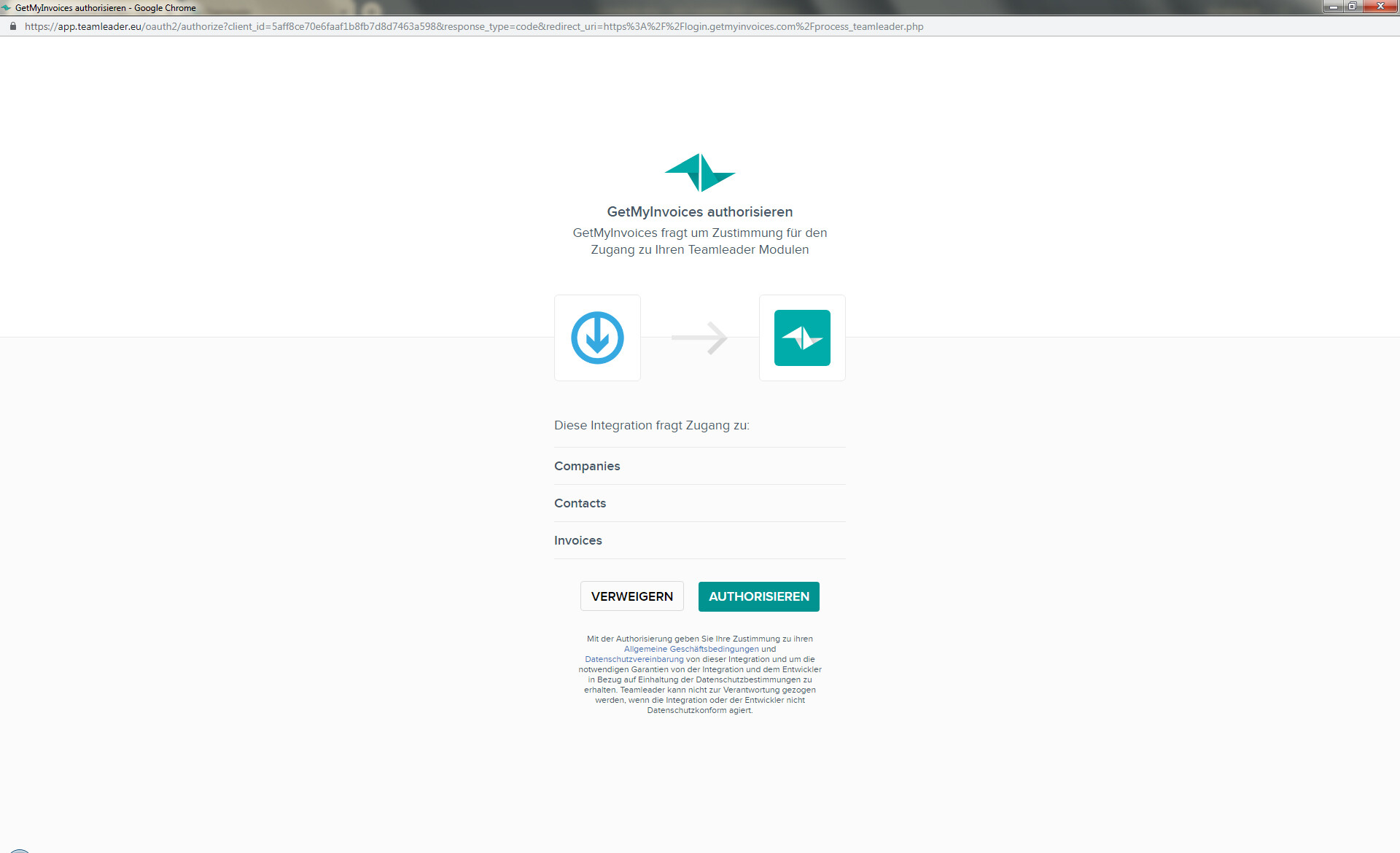 Schritt in GetMyInvoices für die Teamleader-Integration