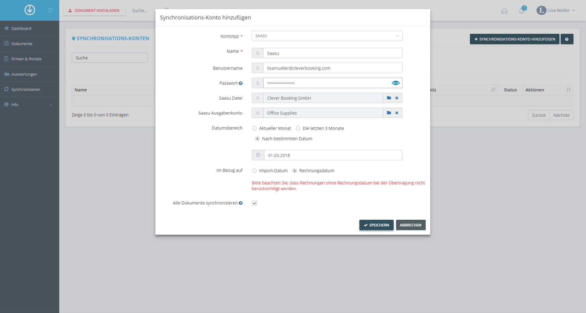 Schritt in GetMyInvoices für die Saasu-Integration