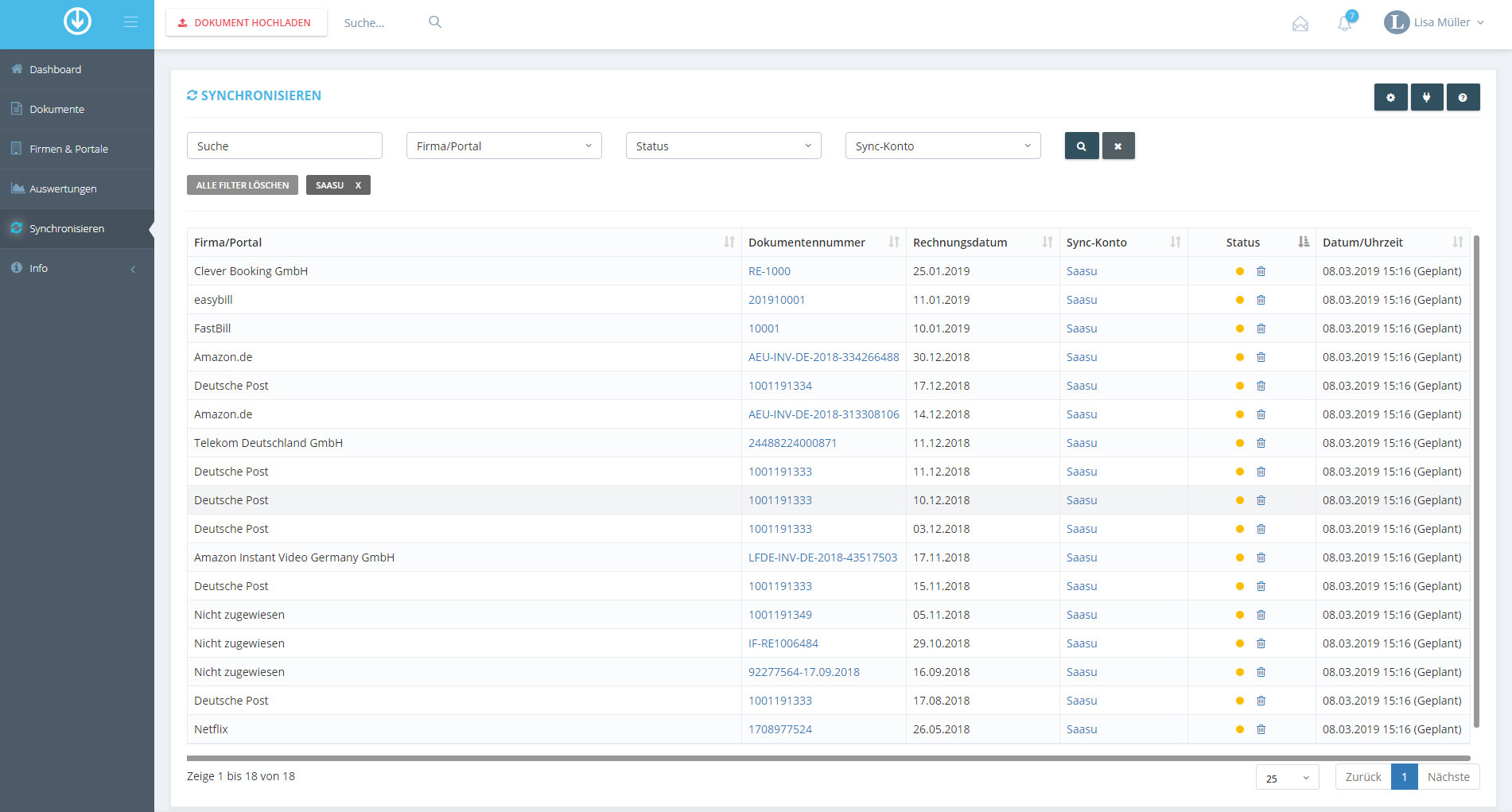 Schritt in GetMyInvoices für die Saasu-Integration
