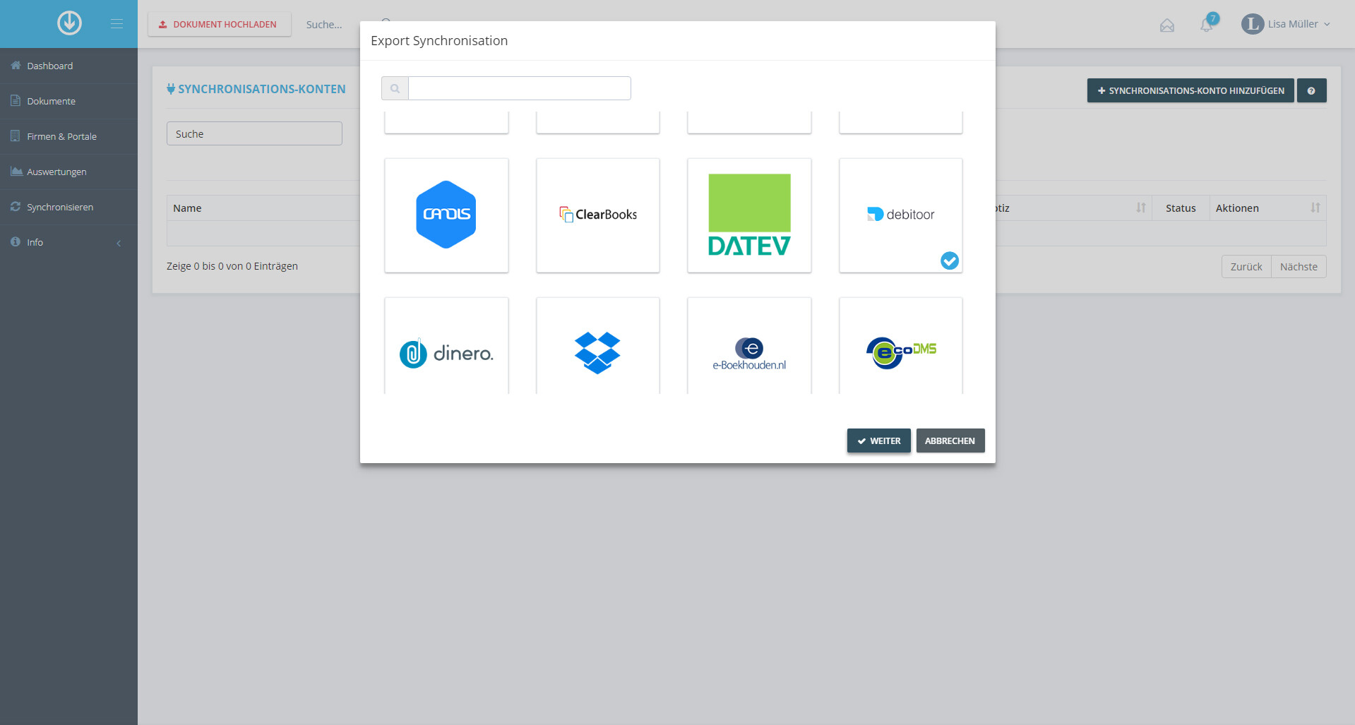 Schritt in GetMyInvoices für die Debitoor-Integration