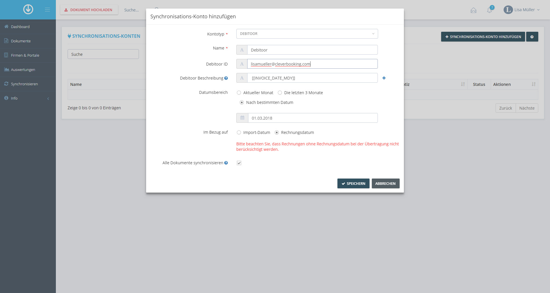 Schritt in GetMyInvoices für die Debitoor-Integration