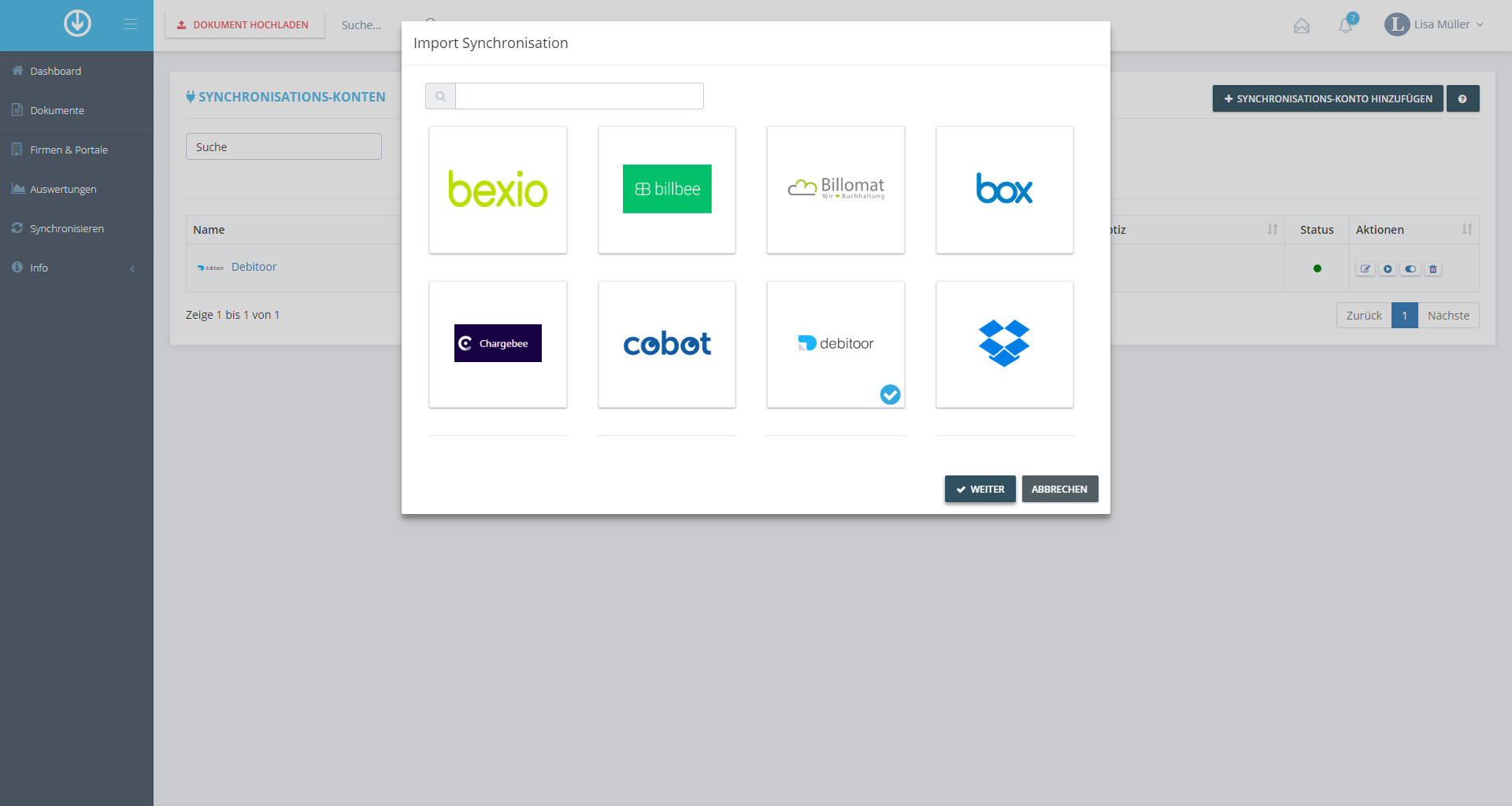 Schritt in GetMyInvoices für die Debitoor-Integration