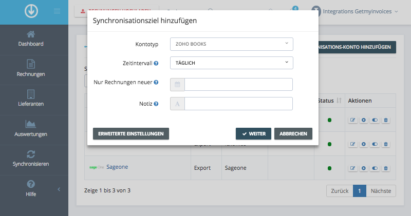 Schritt in GetMyInvoices für die Zoho Books-Integration