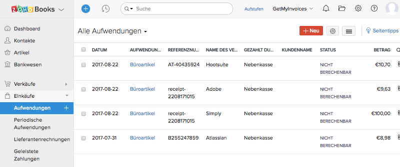 Schritt in GetMyInvoices für die Zoho Books-Integration