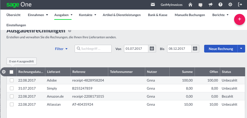 Schritt in GetMyInvoices für die Sage Business Cloud - Buchhaltung-Integration