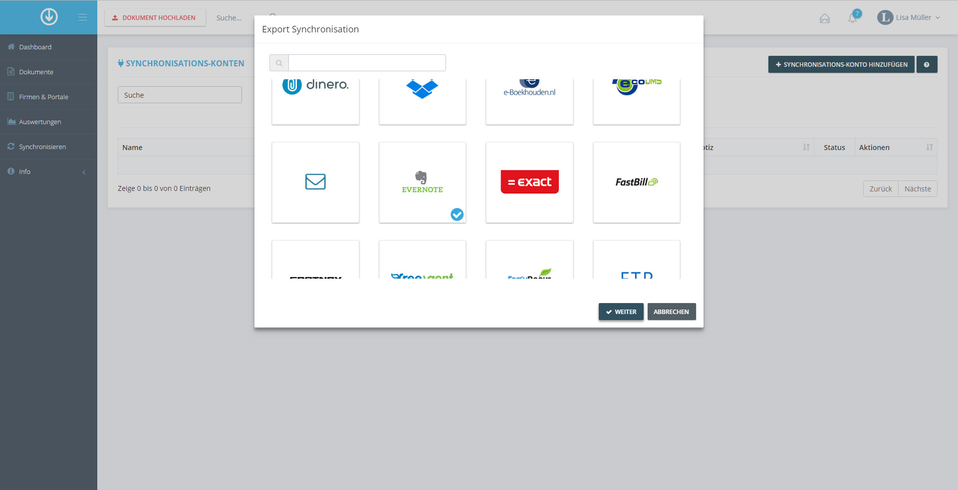 Schritt in GetMyInvoices für die Evernote-Integration