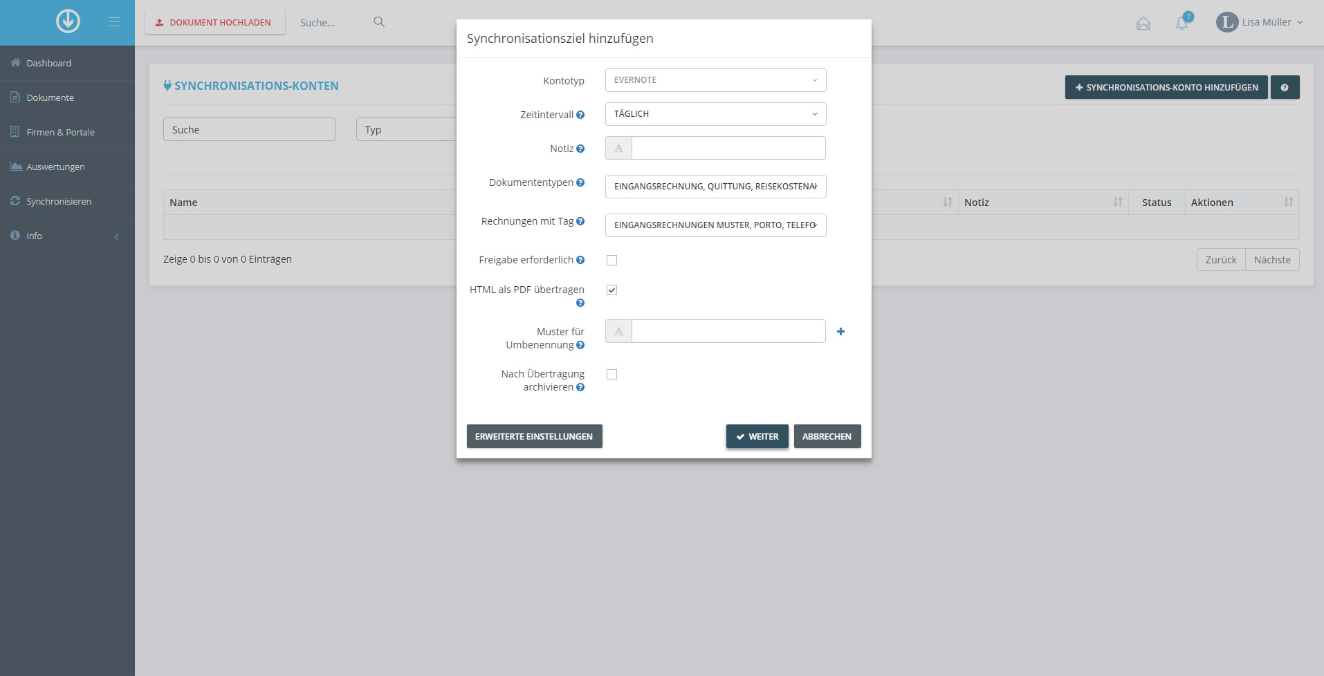 Schritt in GetMyInvoices für die Evernote-Integration