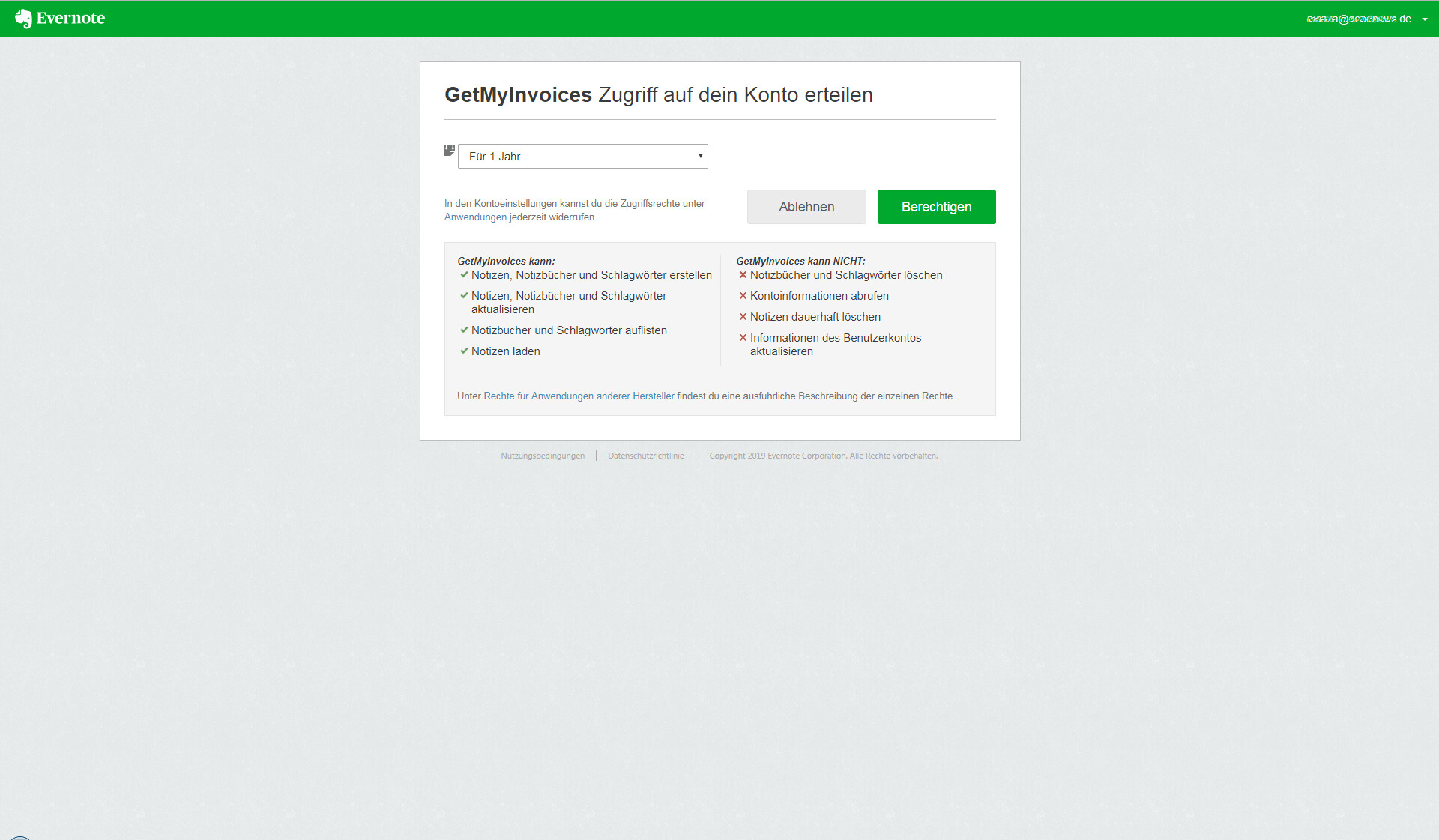 Schritt in GetMyInvoices für die Evernote-Integration