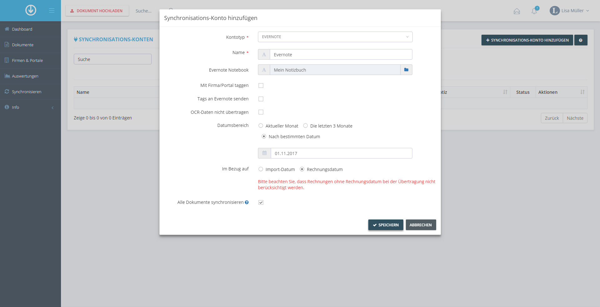 Schritt in GetMyInvoices für die Evernote-Integration