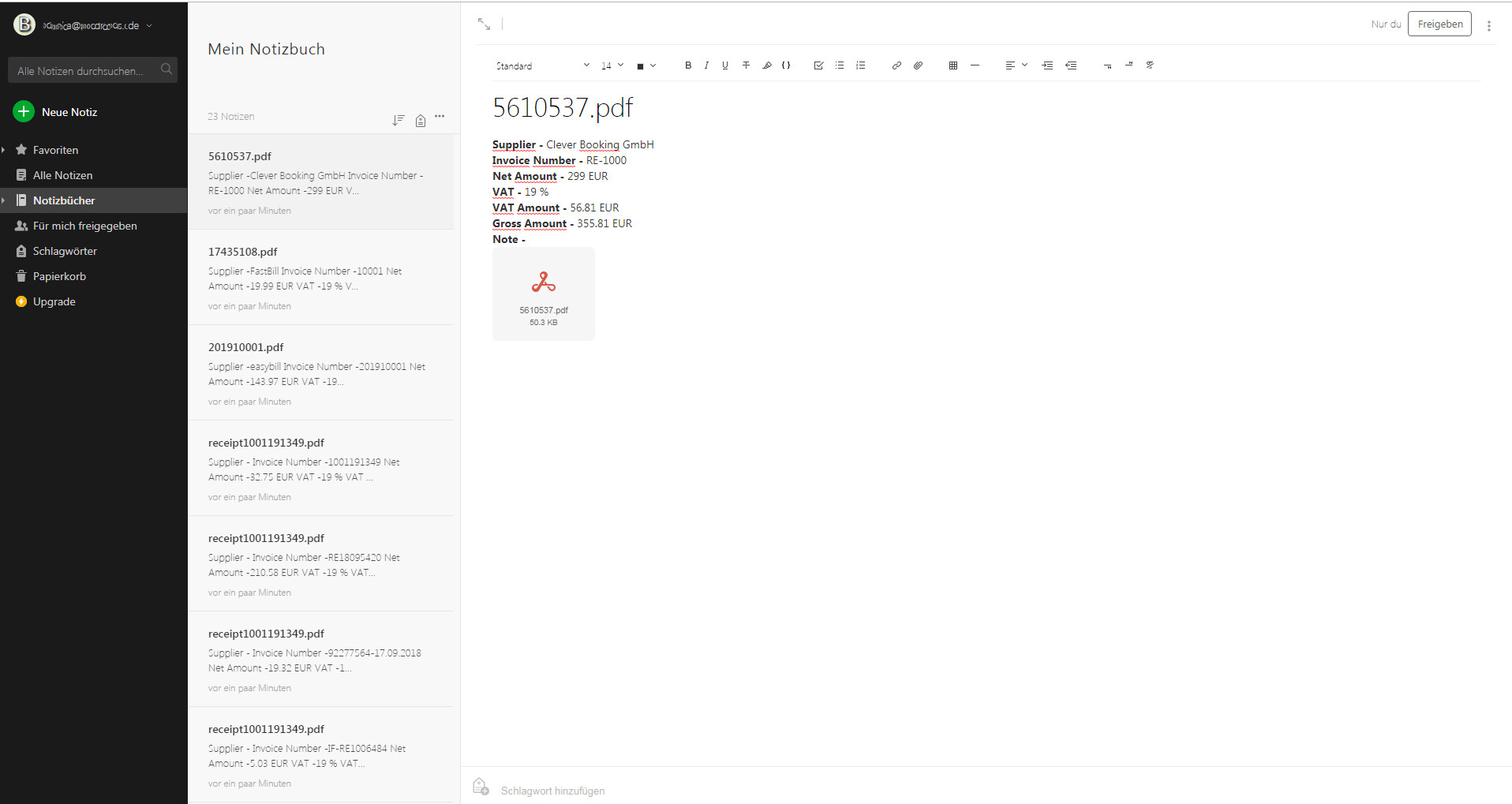 Schritt in GetMyInvoices für die Evernote-Integration
