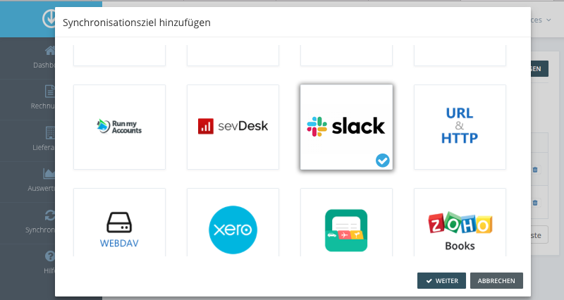 Schritt in GetMyInvoices für die Slack-Integration
