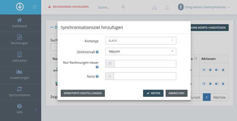 Schritt in GetMyInvoices für die Slack-Integration