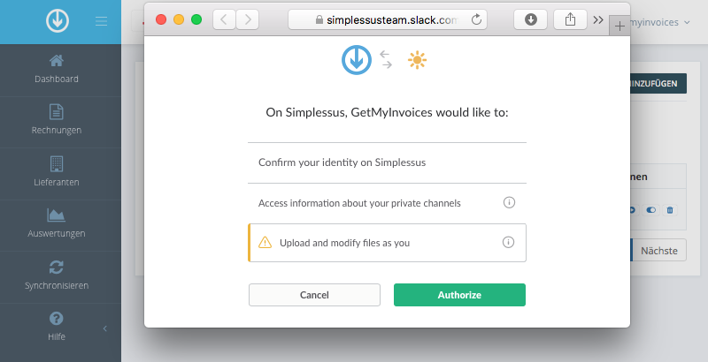 Schritt in GetMyInvoices für die Slack-Integration